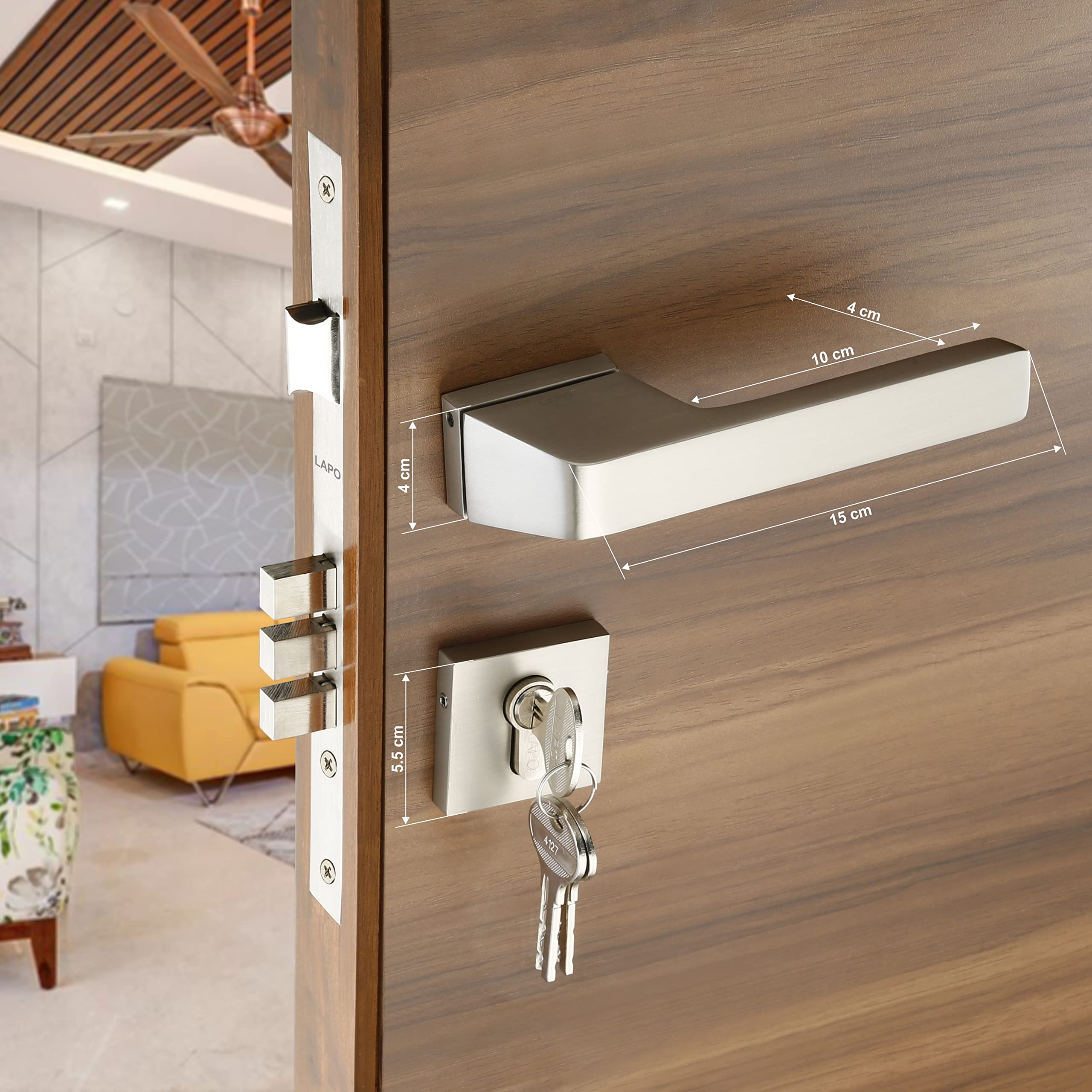 LAPO Mortise Door Lock for Home Main Door & Bedroom with Handle | Heavy-Duty 70mm Cylinder | Left-Right Fit 30-50mm Door Home Office Hotel | 3 Brass Keys | 50x85mm Body | Matt Finish | Ro-154 — Amazon image 8