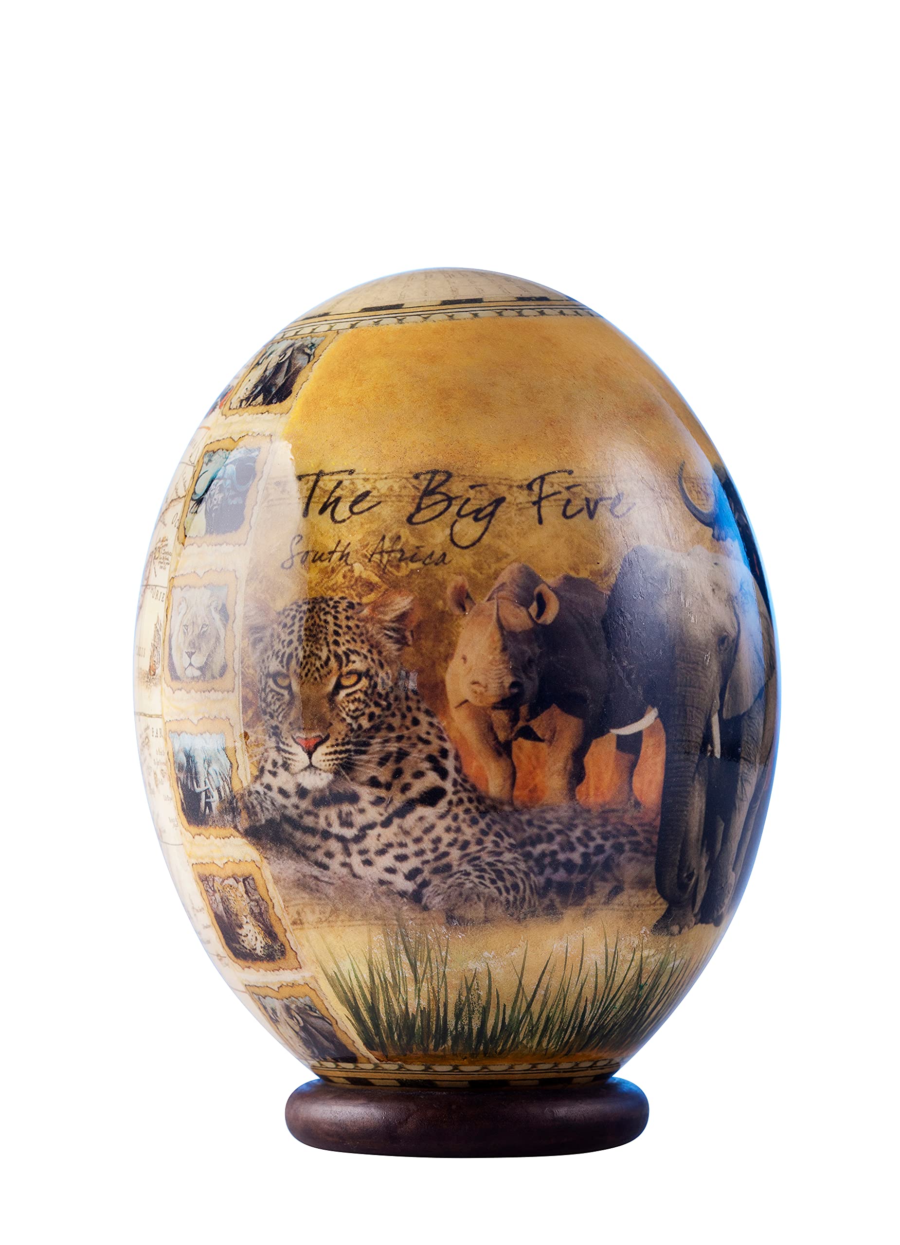 Decoupage Big 5 yellow ostrich egg with map