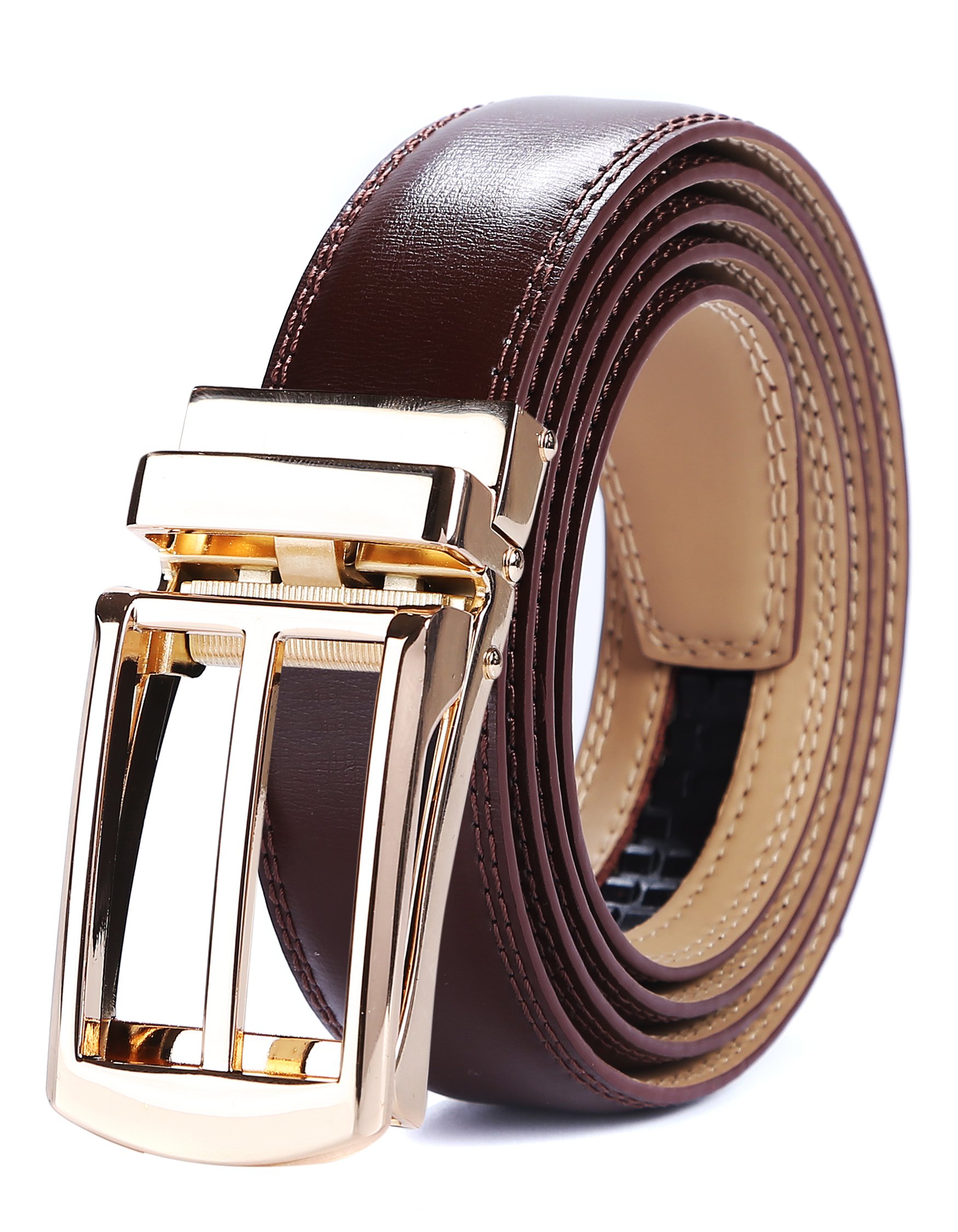 Tonywell Brown Belt for Men, Leather Ratcheting Belt with Click Buckle, for Dress Pants (One Size:32