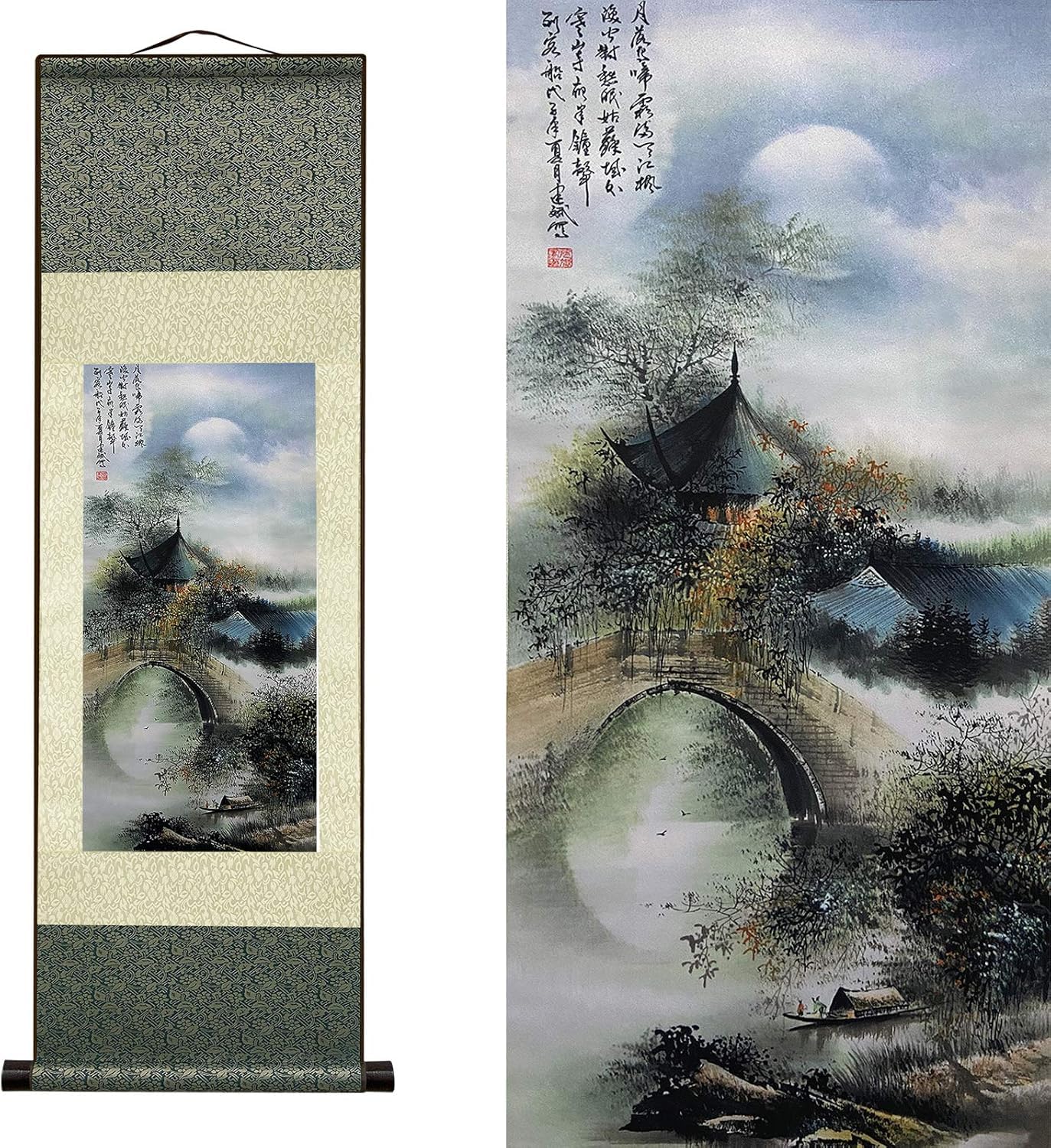 AtfArt Silk Scroll - Asian Wall Decor: Waterfall River Landscape - Beautiful Chinese Art Wall Scroll,Hanging DECOR (36.2x12in)