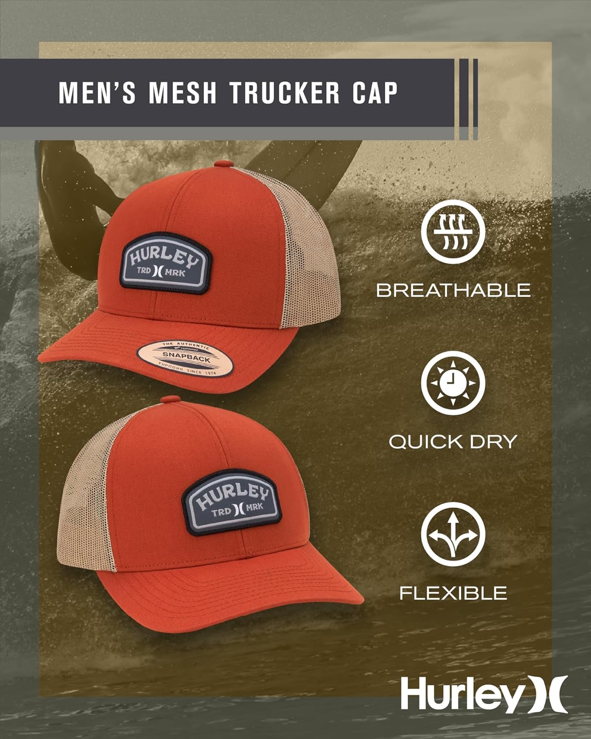 Hurley Men's Trucker Hat - Curved Bill Regular Fit Left Coast Baseball Cap for Men - Snap Back Mesh Panel Ball Cap - Image 2