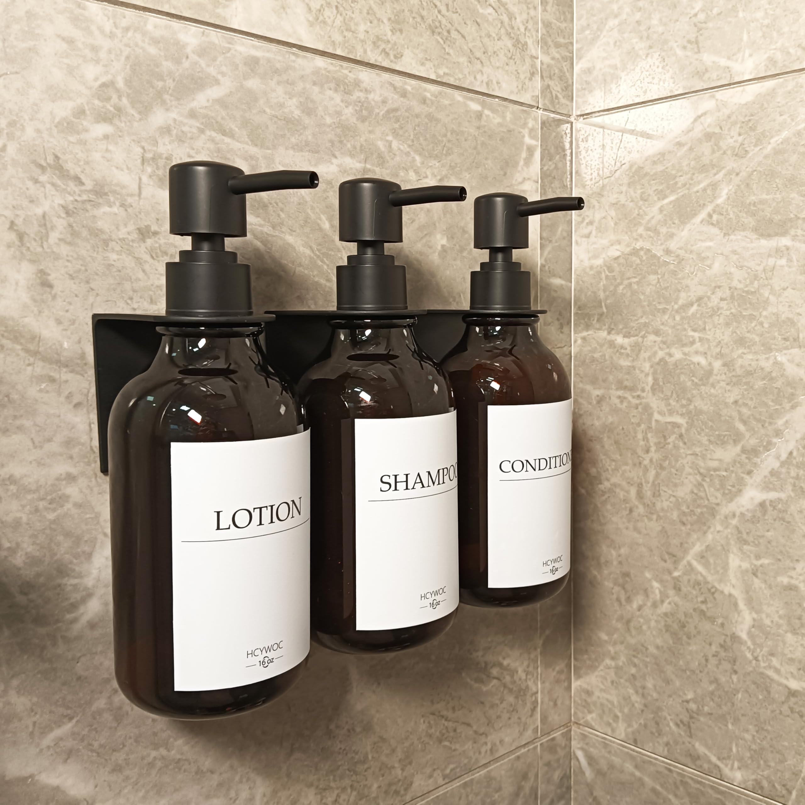 3 Pezzi Dispenser Sapone Bagno a Muro, 500ml Dispenser Sapone Senza Foratura, Con 16 Etichette Impermeabili, Per Bagno Cucina Shampoo Balsamo Bagnoschiuma - Ambra