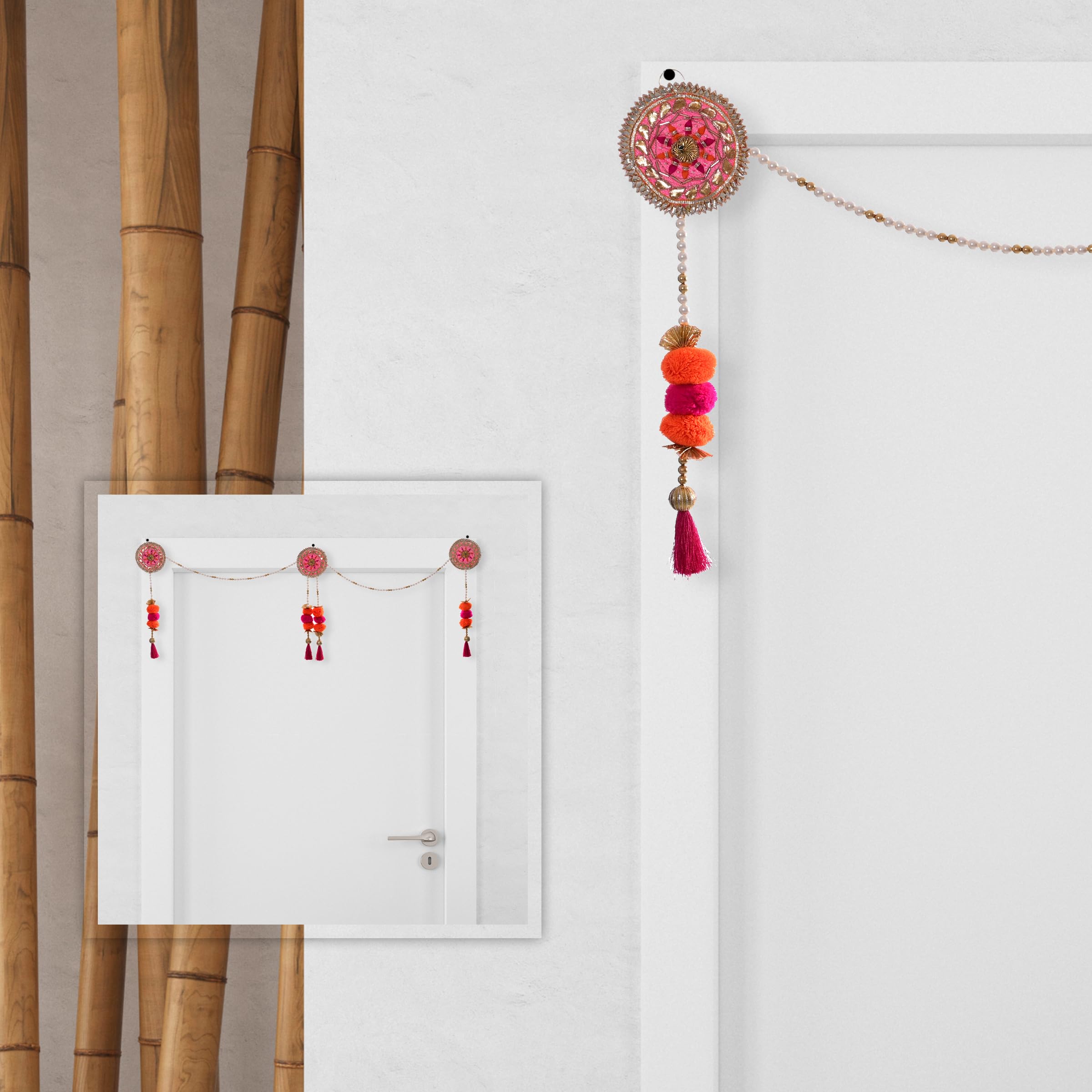 Toran Bandanwaar Gota Pompom Beads Hanging for Home Wall Door Temple Festival Wedding Function Party Decoration Décor and Gifting (Pink)