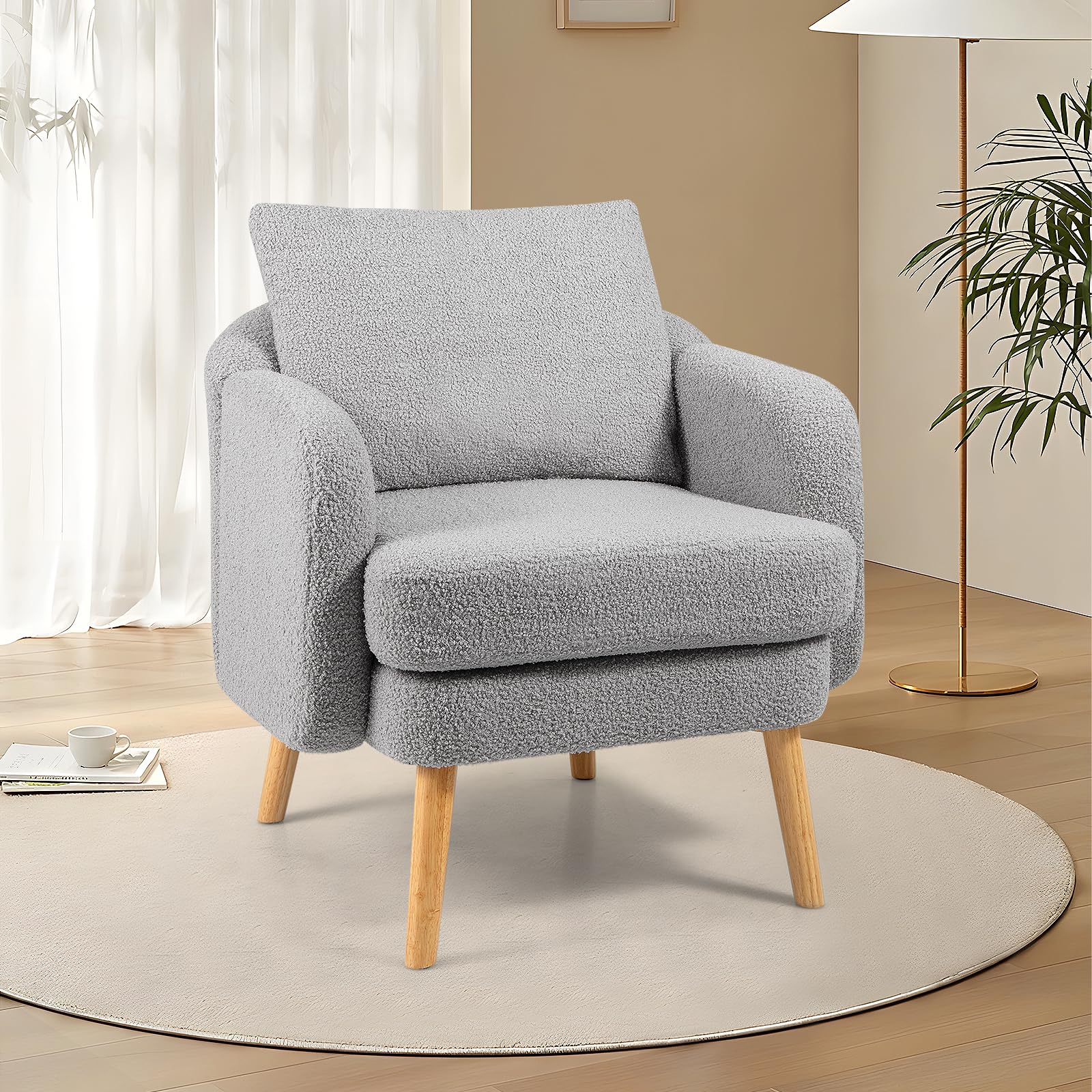 GOFLAME Sherpa Accent Chair, Modern Single Sofa Armchair with Seat Cushion & Removable Pillow, Upholstered Living Room Chair with Rubber Wood Legs,