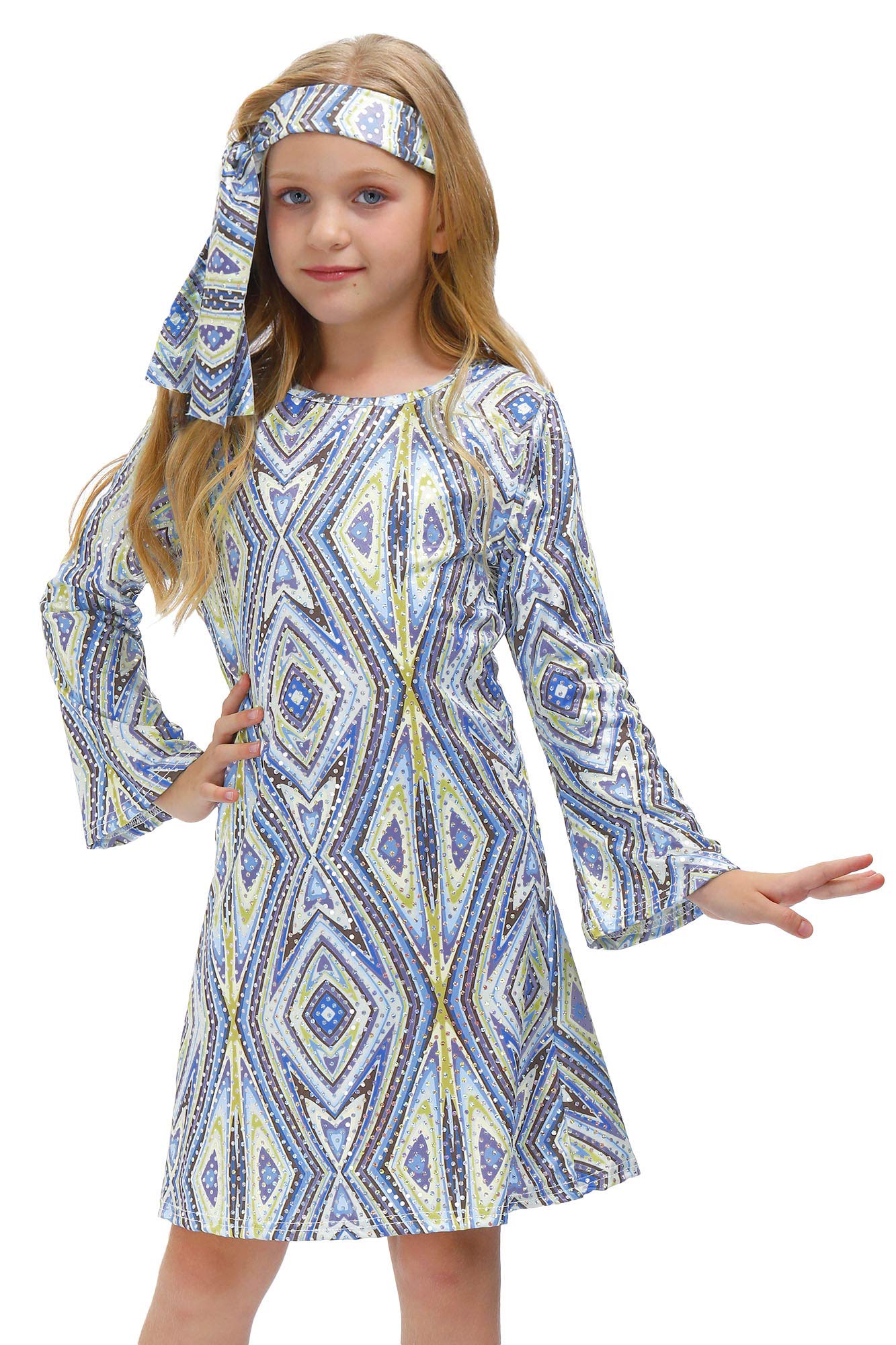 BesserBayGirl's 70s Disco Diva Costume Bell Sleeve Sequins Dancing Dress with Headband 4-14 Years