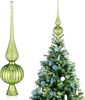 Gejoy Mercury Glass Finial Christmas Tree Topper Vintage Green Spherical Ornaments Blown Glass Xmas Tree Topper Finials Mid Century Holiday Indoor Suitable for Home Party Decoration, 9.8inches