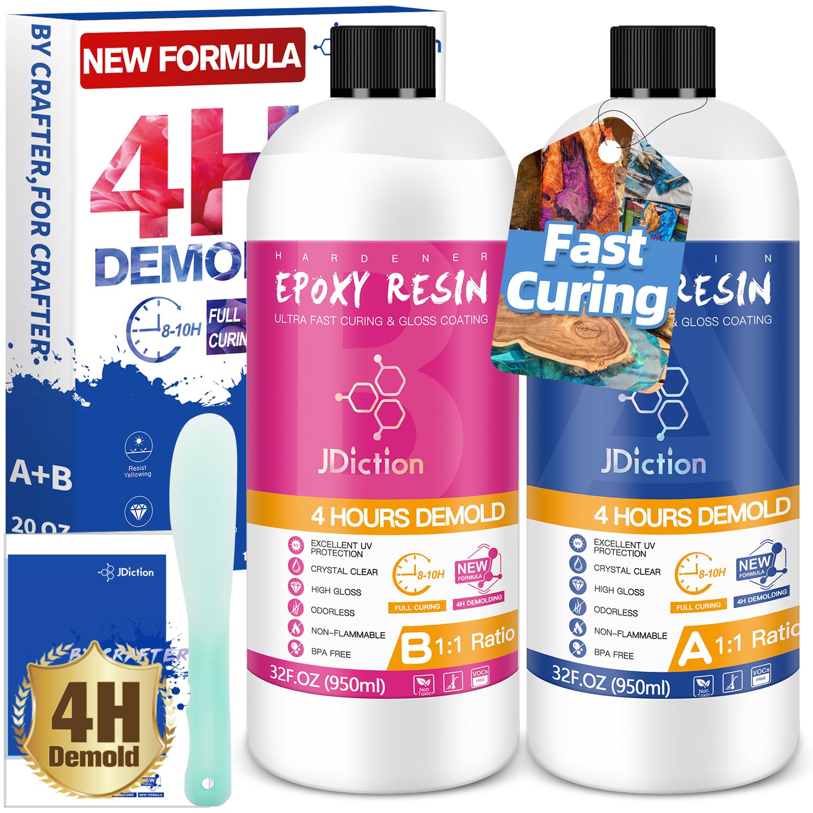 Fast Curing Epoxy Resin, 64OZ/1.9L 4H Demold Epoxy Resin Kit -Crystal Clear, Bubble-Free, Not-Yellowing, Self-Leveling for Art Resina, Jewelry, Craft, Fast Casting & Easy Mix Epoxy Resina
