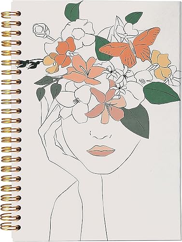 Cuaderno minimalista bohemio neutro con flores botánicas para mujer y niña, con espiral, de 8.3 x 5.5 pulgadas, tapa dura, con rayas universitarias,