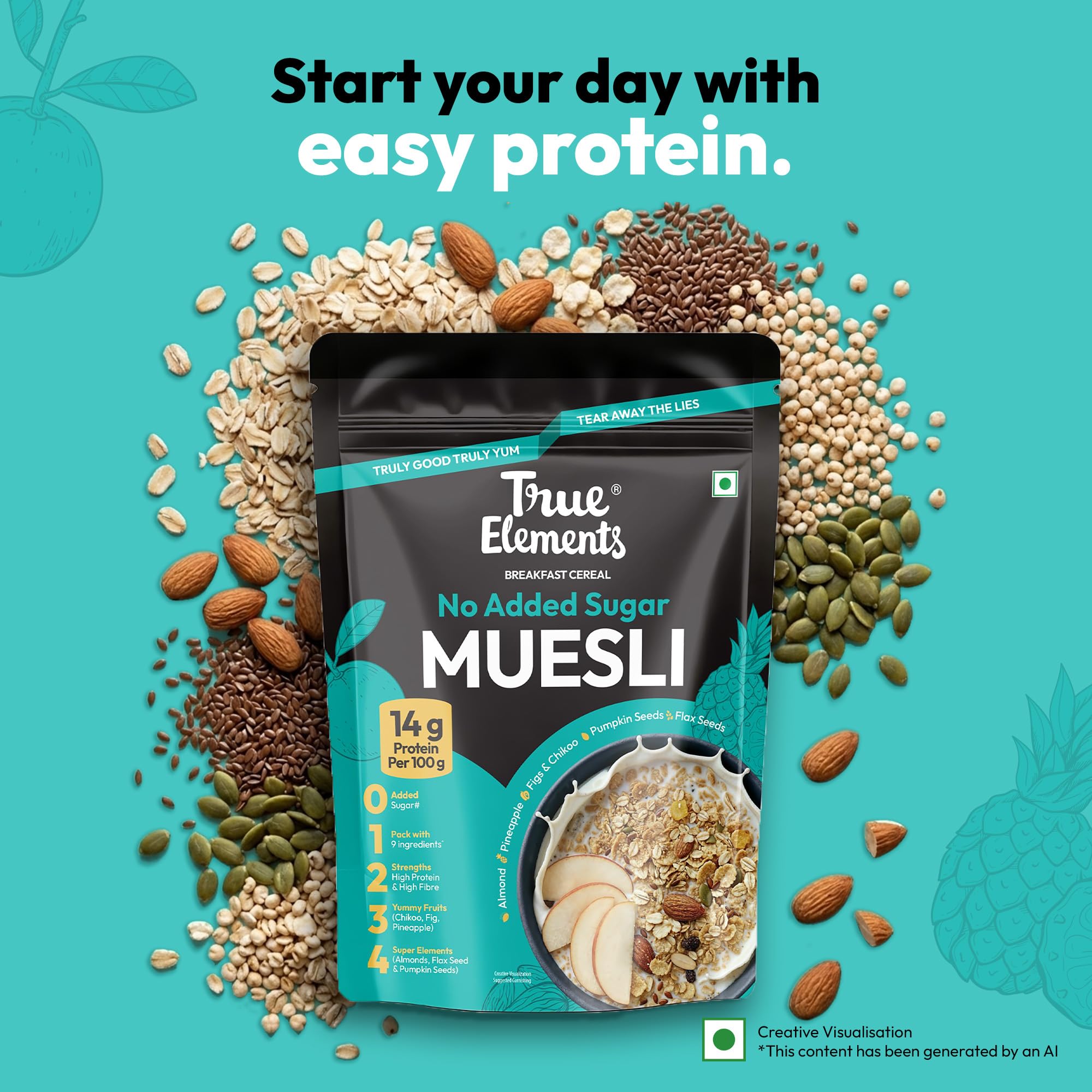 True Elements Musli bez dodatku cukru 700 g - 14 g czyste białko, bez cukru, dietetyczna żywność odchudzająca, płatki śniadaniowe z kaszą jaglaną