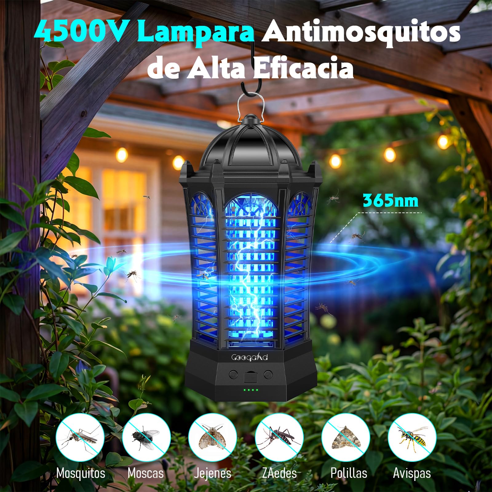 Lampara Antimosquitos GooQand 4000mAh, Mata Mosquitos Electrico UV Portátil Recargable con Pértiga Telescópica Red de Seguridad, 3 Modos de Iluminación para Exterior, Campamento, Jardín, Patio, Pesca
