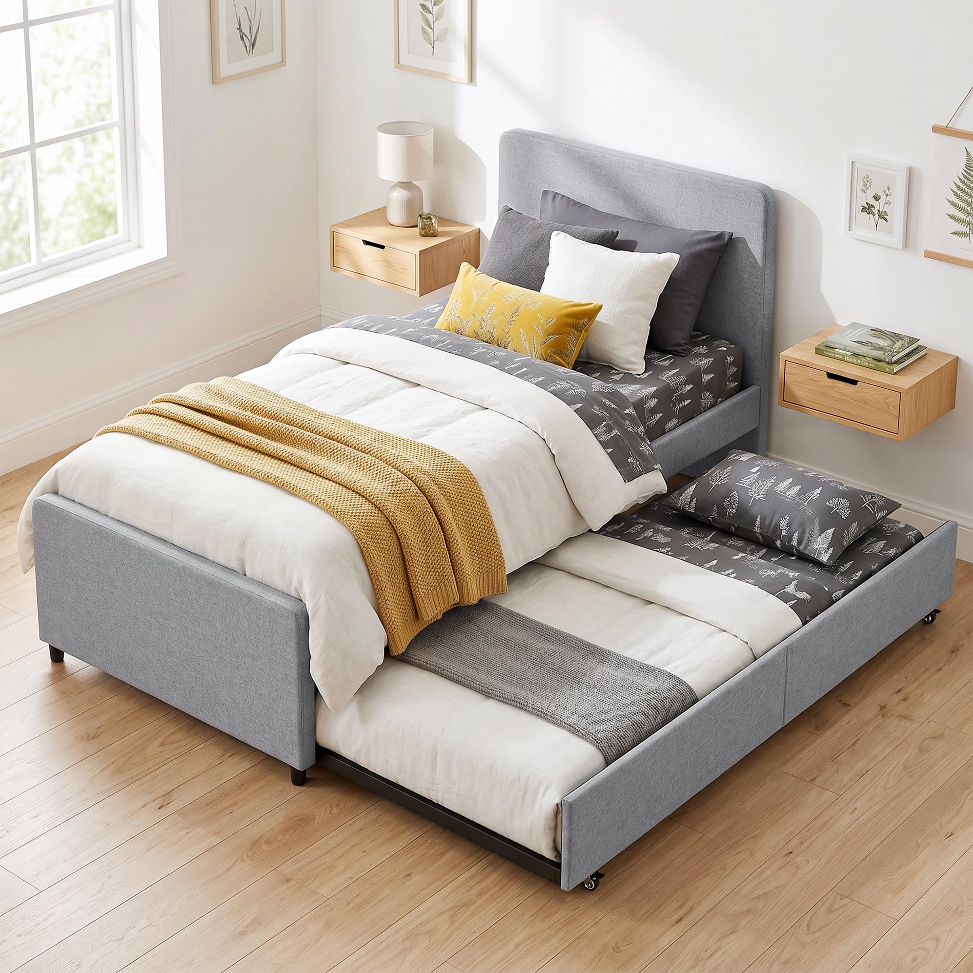 HOMCOM Cama Nido Individual 90x190 cm con Cabecero y Piecero Gris Claro | Estructura de Cama Tapizada en Lino, Listones de Madera, Sin Colchón