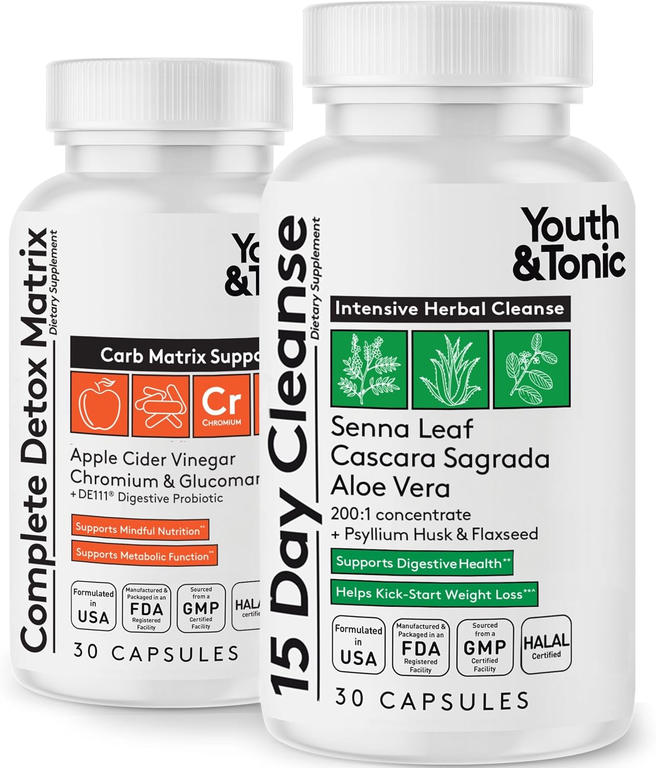 Youth & Tonic 15 Day Cleanse – Intensive Herbal Colon Cleanser & Gut Detox for Bloating Relief, Digestive Regularity and Metabolism Support, Advanced Colon Cleanse for Women & Men, 60 Detox Pills