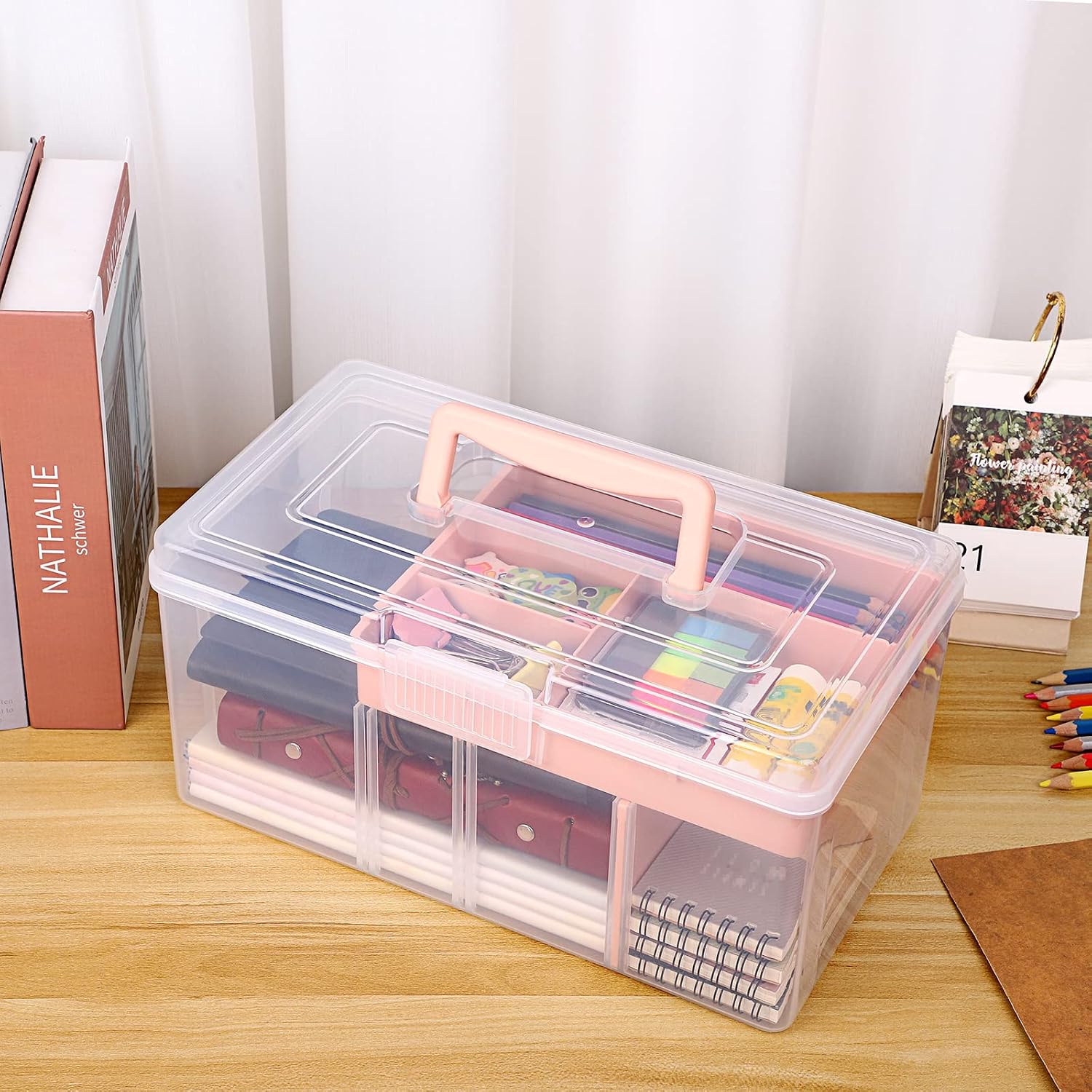 BTSKY 2 Layer Clear Plastic Dividing Storage Box with Removable Tray Multipurpose Stationery Storage Box with Handle Portable Sewing Boxes Art Craft Supply Organizer Home Utility Box(Big Pink)