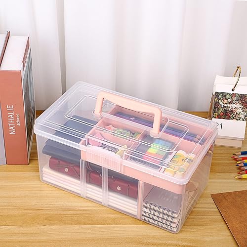 Miniatura 10 de BTSKY Caja de almacenamiento dividida de plástico transparente de 2 capas con bandeja extraíble, caja de almacenamiento multiusos de papelería con
