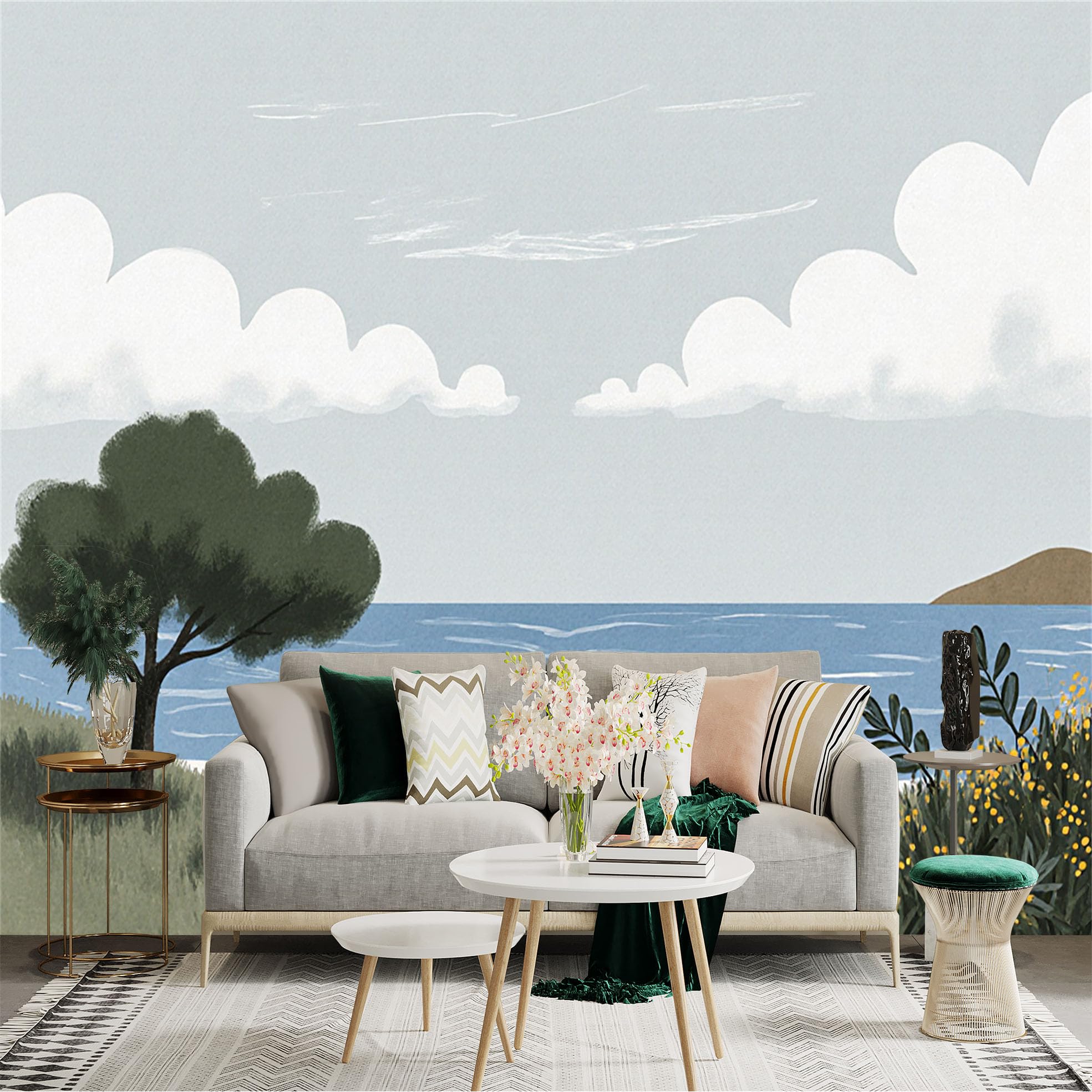 Custom Size Wall Sticker Mural， Yellow Camper Van by the Seaside， Scenic Coastal Landscape with Clouds， for wall Decoration， peelandstick wall Decals.