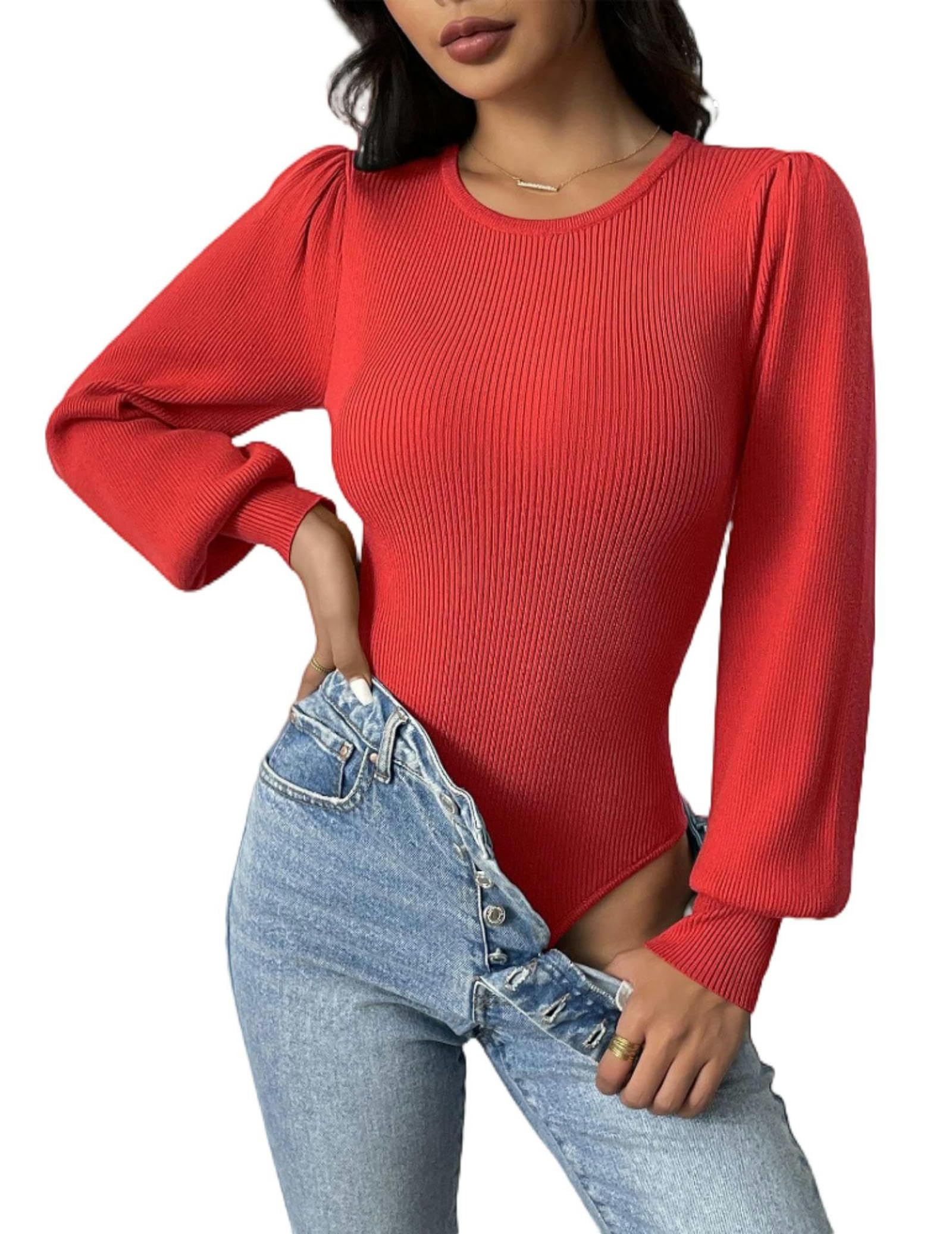 Body Ajustado de Invierno con Cuello Redondo y Mangas abullonadas para Mujer - Azul - L