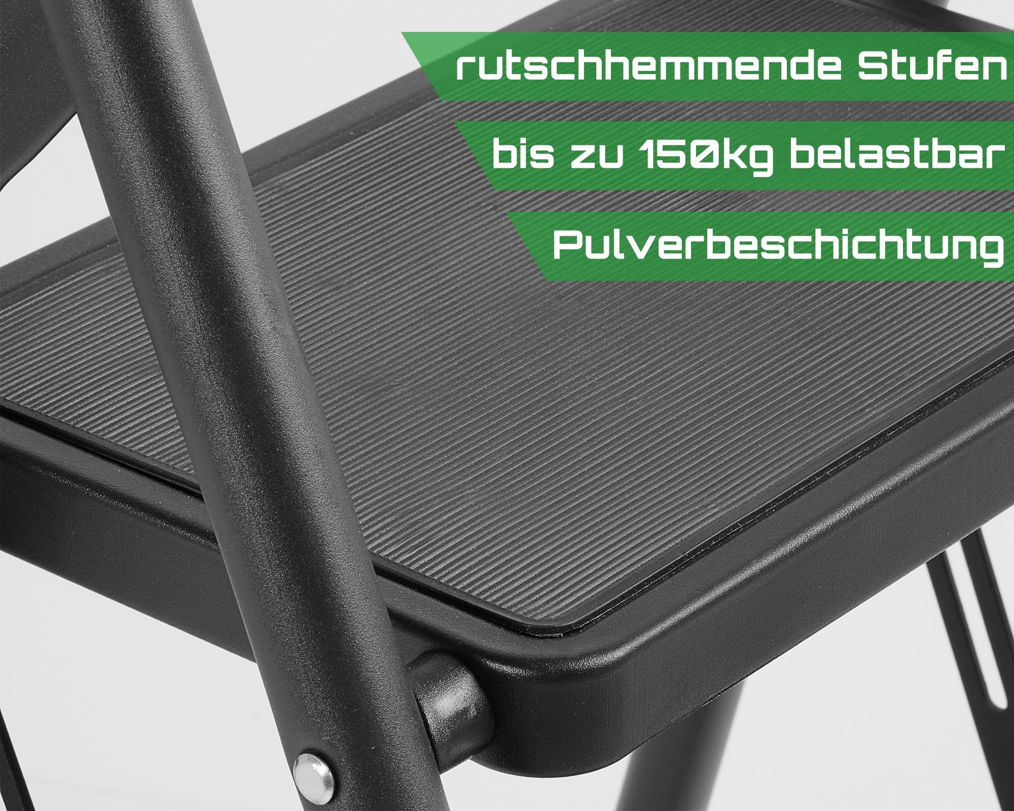 Ondis24 Klapptritt Hugo składana drabinka schodkowa składana drabina do 150kg stal malowana proszkowo ekstra długi miękki uchwyt (czarny, 3-stopniowy)