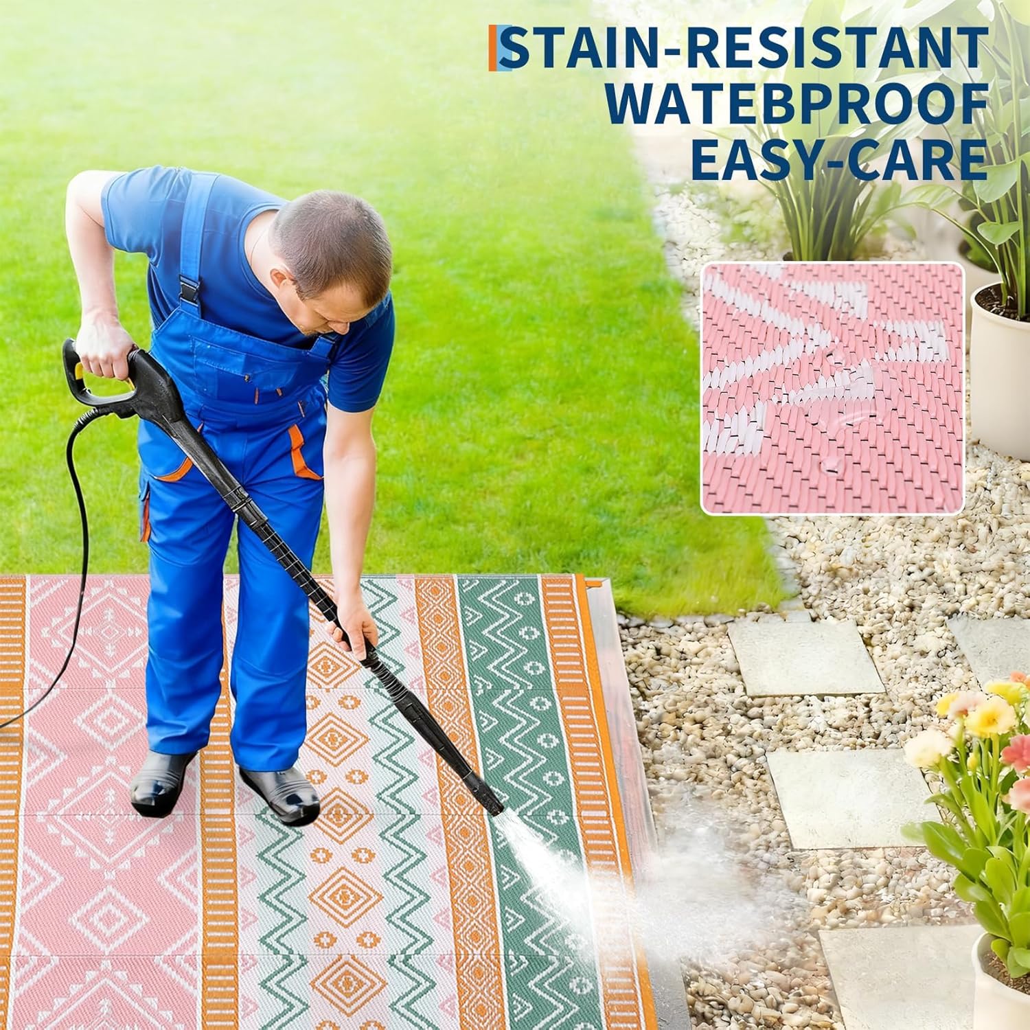 GarveeHome 9x12 Outdoor Area Rug Waterproof Plastic Straw Rug, Reversible RV Mat, Stain-Resistant Indoor Outdoor Carpet for Picnic, Deck, Balcony, Beach, Patio Yellow/Green/Gray/White