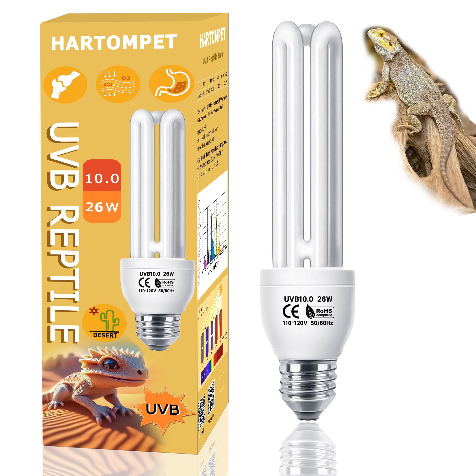 Linear UVA/UVB Lamp 10.0, 26W - Desert Habitat Lighting, Compact Terrarium Lamp, UVB Light Bulb for Bearded Dragon, Lizard, Tortoise, Snake, Gecko & All Desert-Dwelling Reptiles