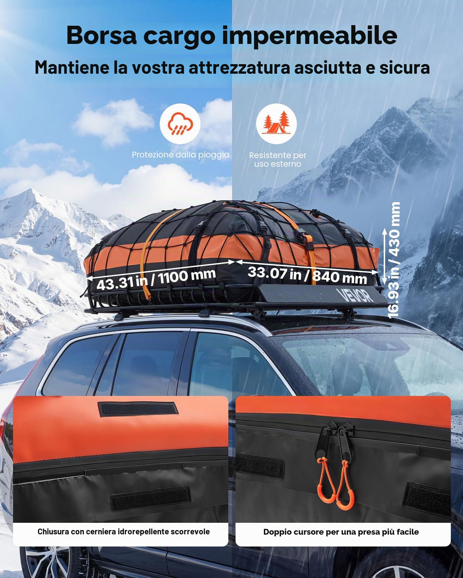 VEVOR Portapacchi da Tetto per Auto, Kit Completo Portapacchi da Tetto 1371 x 864 x 102 mm Telaio in Acciaio Rete Fermabagagli Cinghie a Cricchetto Carico max 90,72 kg, Universale per SUV Furgone