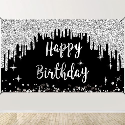 Cartel de feliz cumpleaños negro y blanco plateado para mujeres y niñas, cartel de feliz cumpleaños negro y plateado, suministros de fiesta, póster