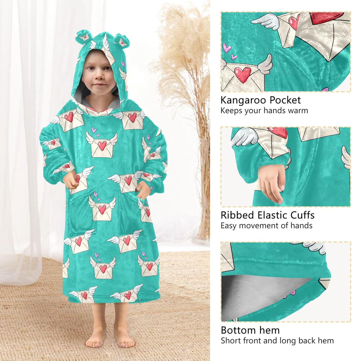 Envelope Love Wings Kids Wearable Blanket Hoodie with Pocket and Sleeves for Toddlers, Cute Hoodies Girls Boys