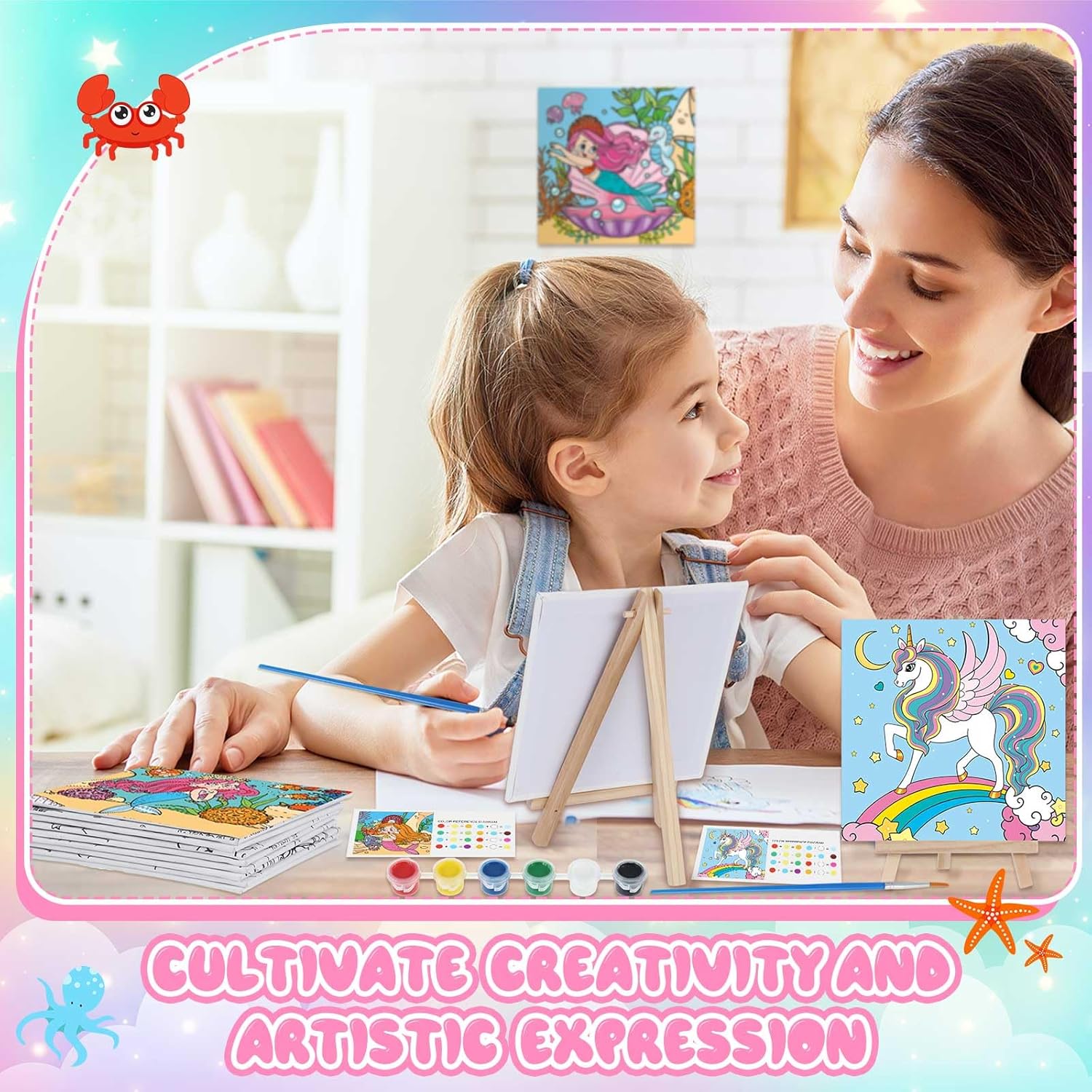 Tenceur 12 Sets Pre Drawn Canvas to Paint Adult Stretched Coloring Painting Canvas Panels with Design Easel and Brushes for Party Supplies Beginner Favor(Unicorn)