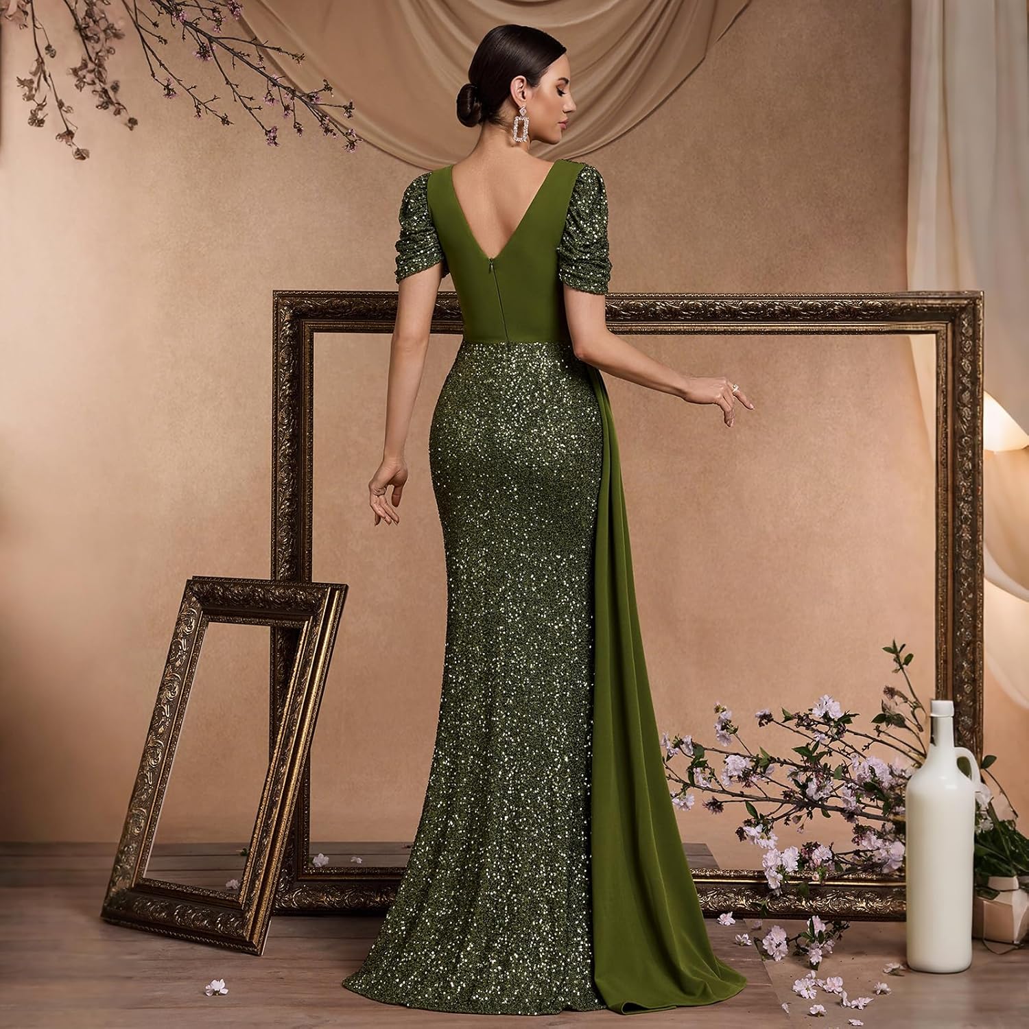 Formal Wedding Guest Dress for Women, Ruched Splicing Wrap Sequin Mermaid Gown, Puff Sleeve & V-Neck Cocktail Dress - Image 5