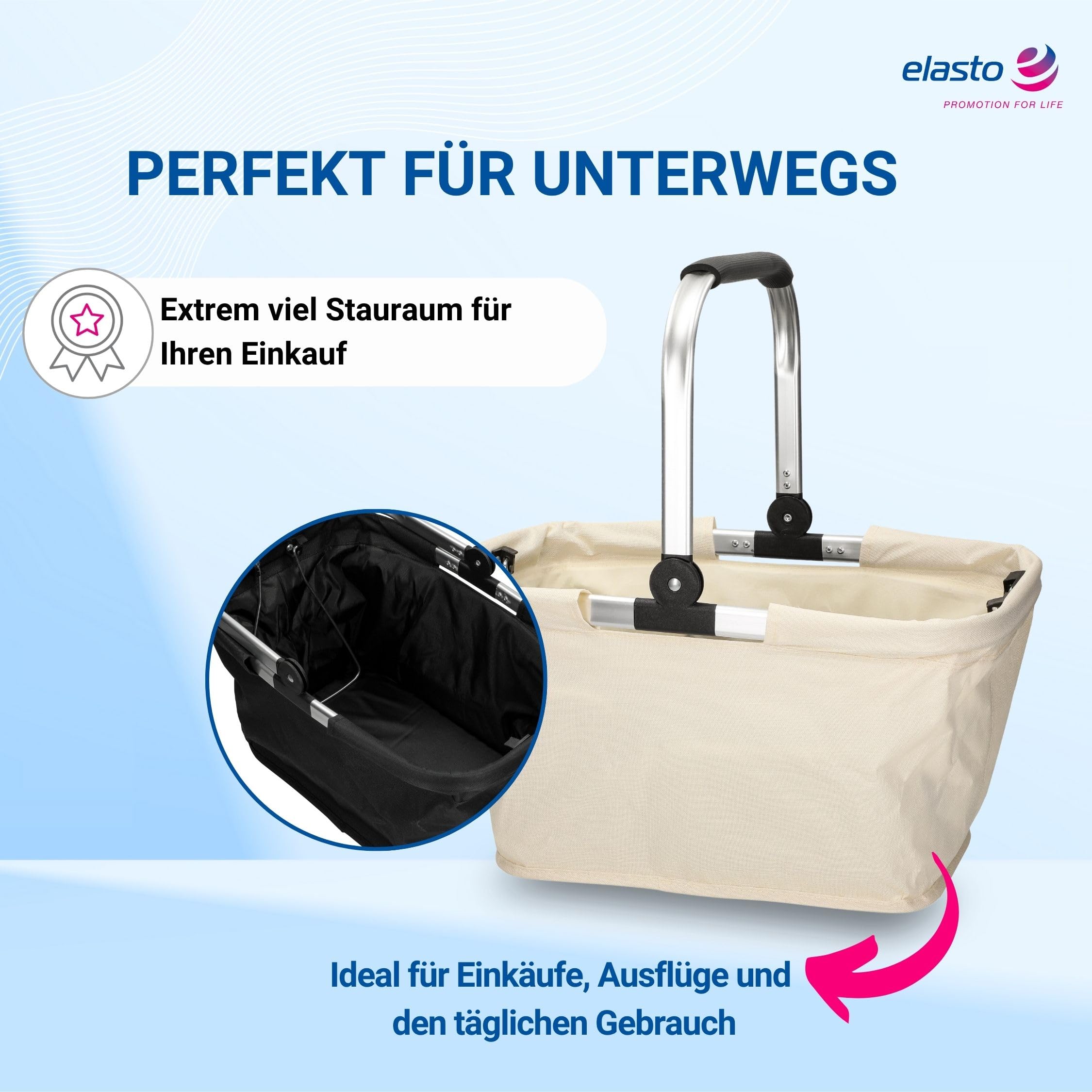 Cesta de la compra 'Carry' – Cesta estable y plegable con asa de marco de aluminio – aprox. 30 l de cesta para compras y excursiones – Bolsa de la compra de poliéster con mango suave, color: beige