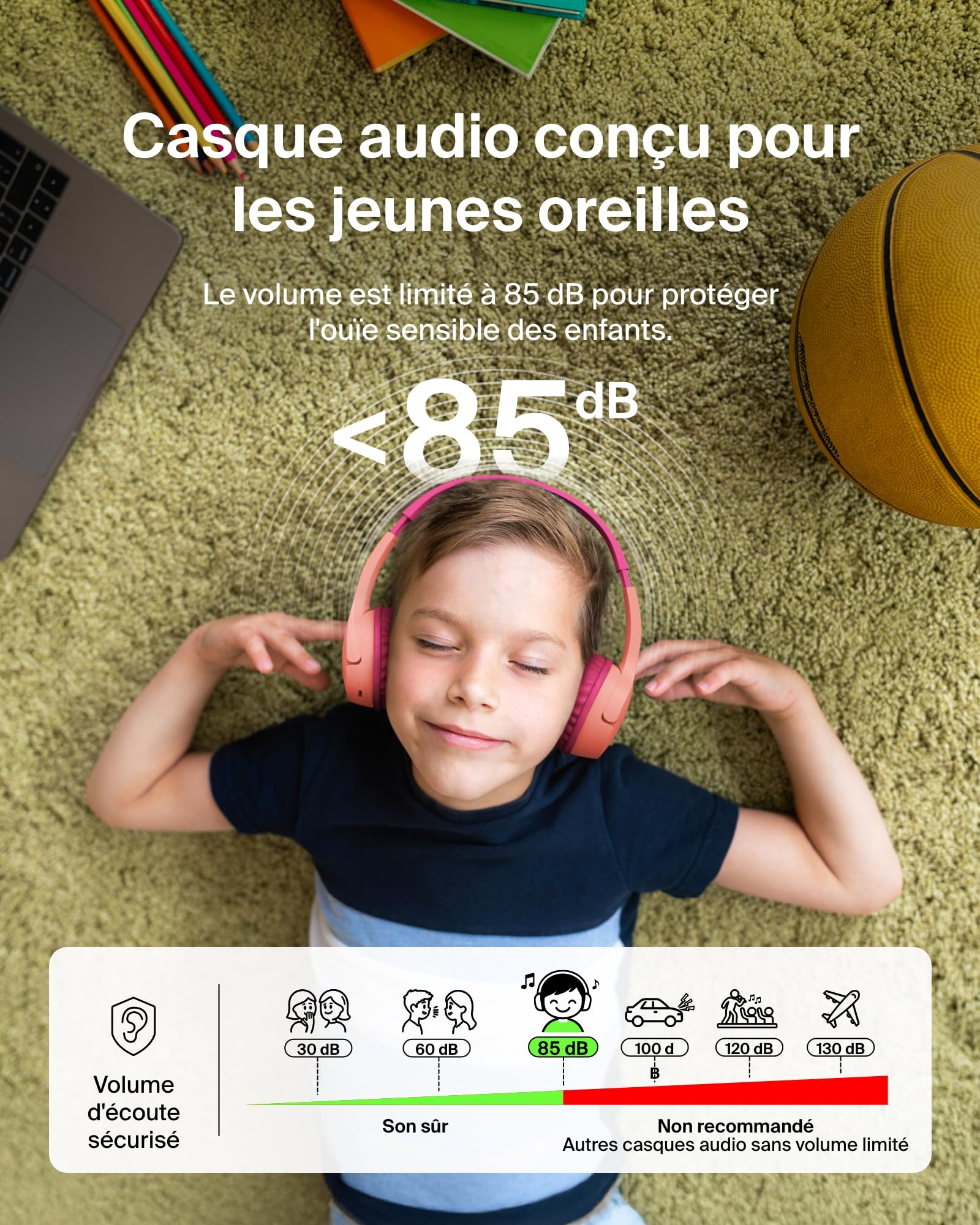 Belkin SoundForm Mini Casque Audio sans Fil pour Enfants avec Micro intégré (Circum-aural, autonomie de 30 h, pour Apprentissage, Voyages, Autocollants Amusants, pour iPhone, iPad, Galaxy) - Rose