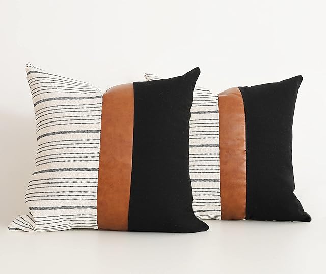 Throw Cushion Covers 45 x 45 cm Farmhouse Pillow Covers,Cotton Tan Faux Leather Square Home Decorative Pillow Case, Set of 2 Stripes Textured Linen Throw Pillow Case for Sofa Couch Chair Bedroom