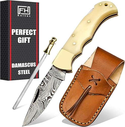 FH KNIVES 6.5 Inch Handmade Damascus Pocket knife for Men Folding Knife with back lock Small Pocket knife for Camping Hiking Damascus folding knife
