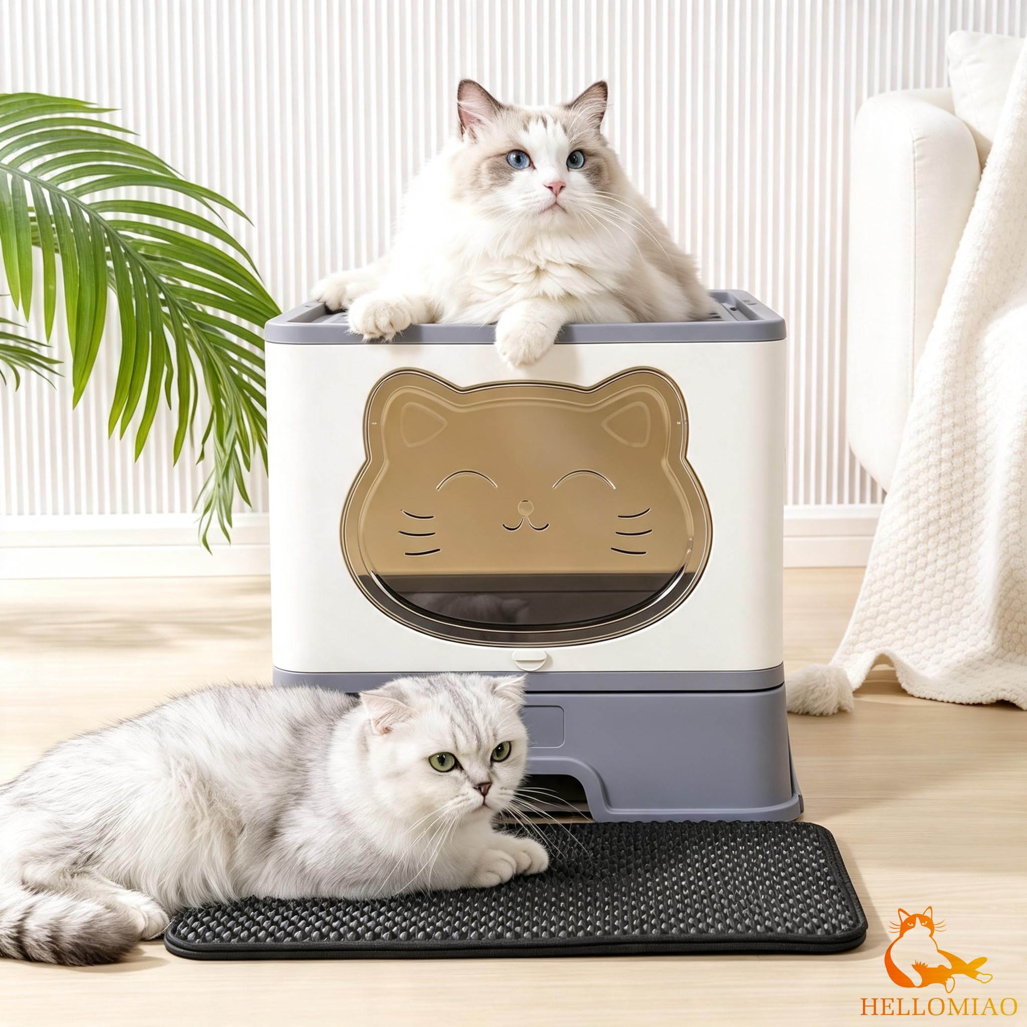 Geschlossene Große Katzenklo mit Dach & Deckel | Faltbare Katzentoilette mit Schubladensystem, Inklusive Katzenstreuschaufel, Geeignet für Katzen bis 8 kg Hellgrau Weiß-Grau