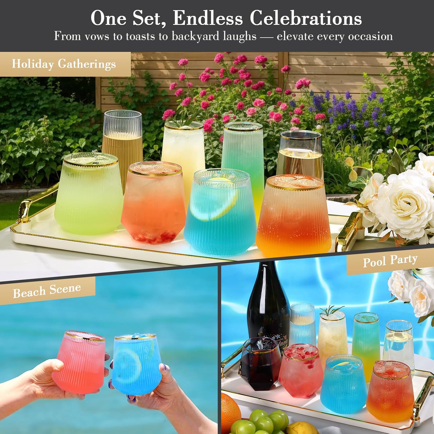 48 Pack Ribbed Plastic Wine Glasses – 24 x 9oz Stemless Champagne Flutes & 24 x 12oz Disposable Wine Glasses – Elegant Disposable Plastic Cups with Gold Rim – BPA-Free Drinkware for Weddings, Parties