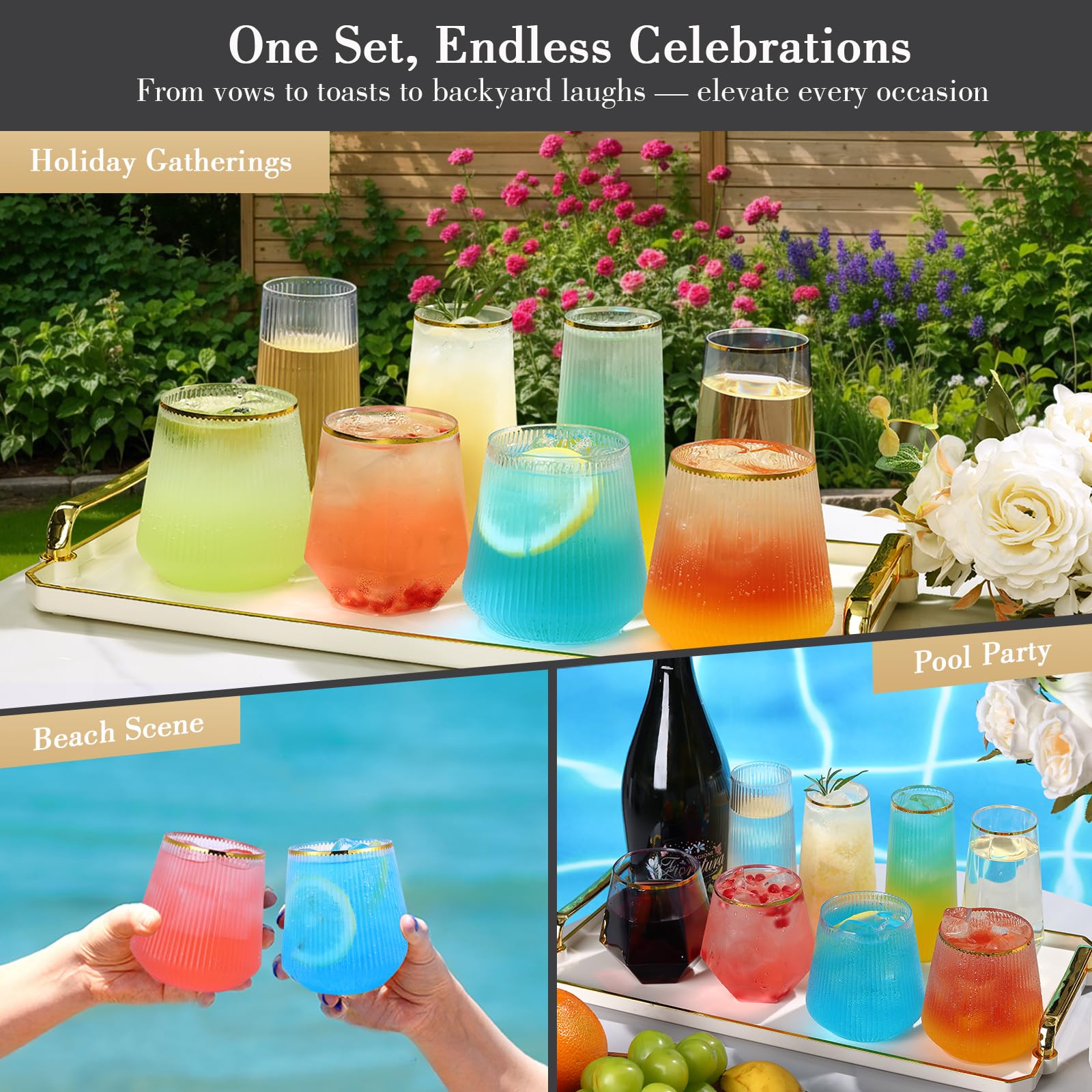 48 Pack Ribbed Plastic Wine Glasses – 24 x 9oz Stemless Champagne Flutes & 24 x 12oz Disposable Wine Glasses – Elegant Disposable Plastic Cups with Gold Rim – BPA-Free Drinkware for Weddings, Parties — Amazon image 7