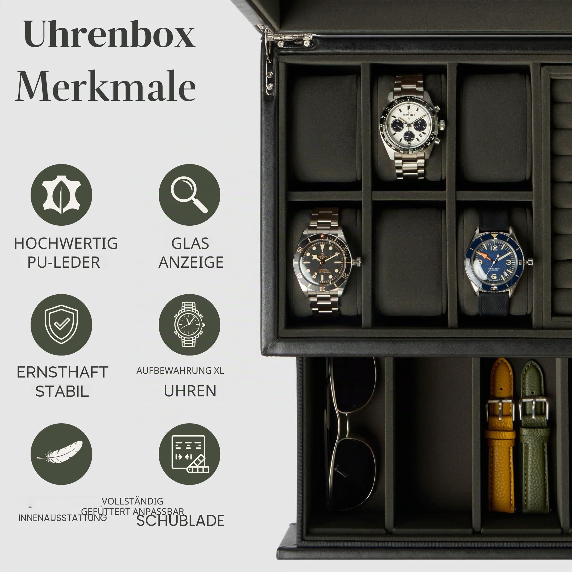 TAWBURY Uhren- und Schmuckkästchen für Herren – Uhrengehäuse mit 6 Schlitzen und Glasdisplay, abnehmbarem Manschettenknopf- und Ringhalter und anpassbarer Schublade zur Aufbewahrung von Sonnenbrillen