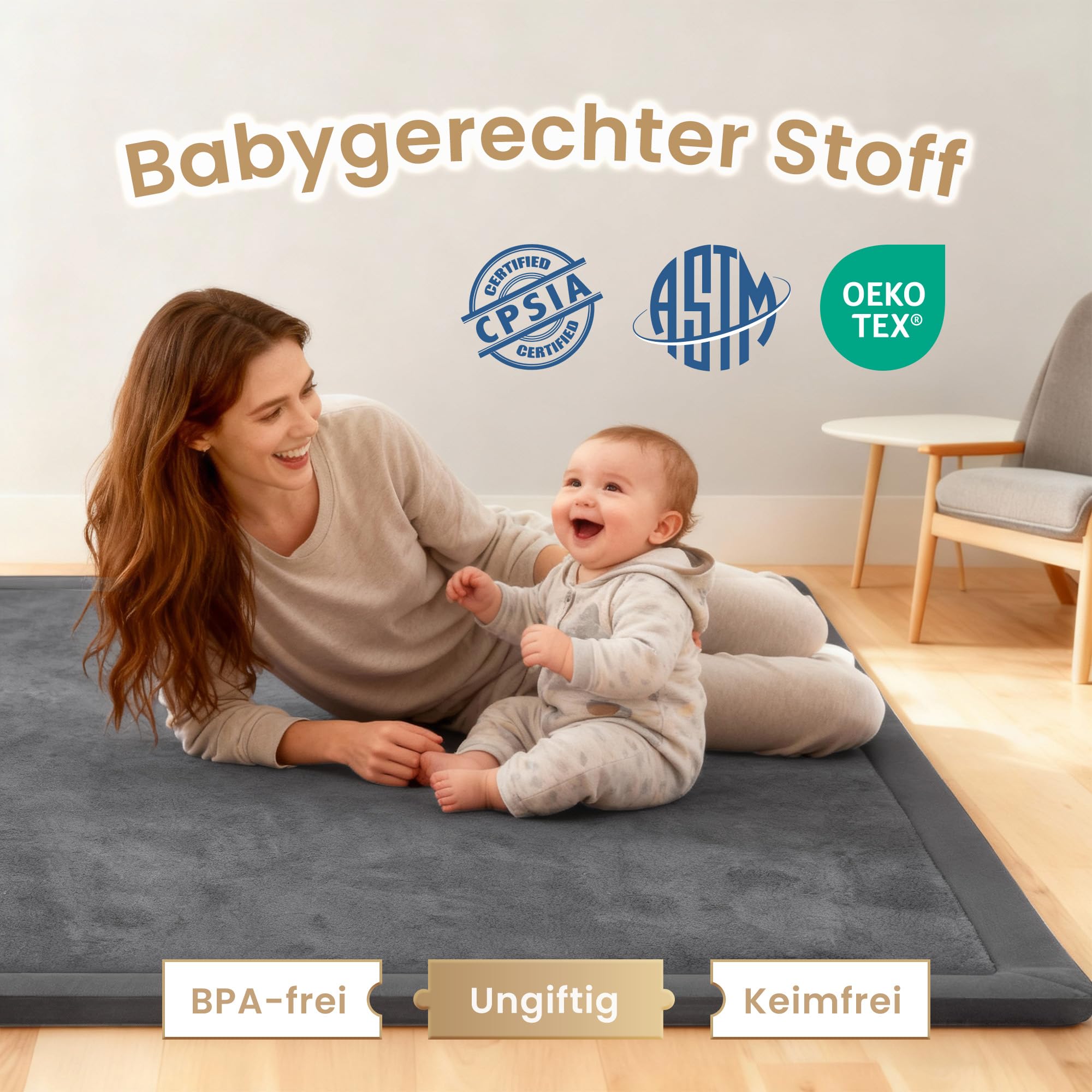 ACOMOPACK Baby Krabbelmatte 150x200x3.5cm Große Spielmatte mit Schaumfüllung Rutschfester Unterseite Weicher Teppich für Kinderzimmer und Laufgitter Dunkelgrau