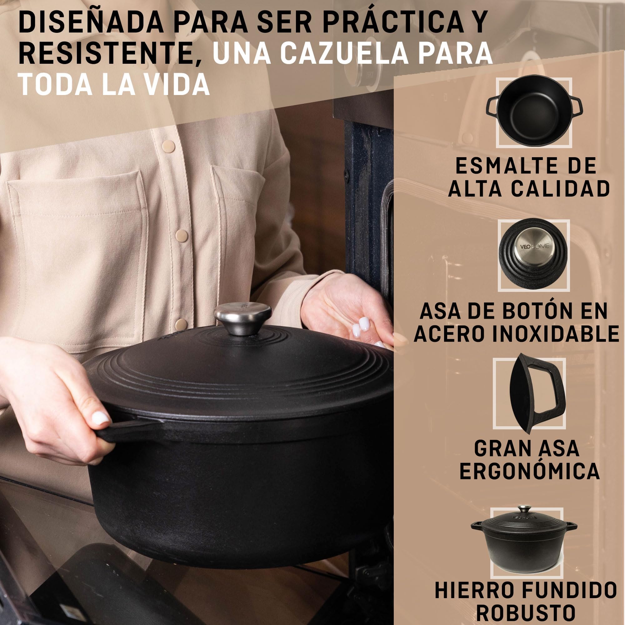 Cazuela de hierro fundido negro mate 6 litros - Olla de hierro fundido compatible con inducción y todas las fuentes de calor. Guiso versátil - caldero diámetro 28cm