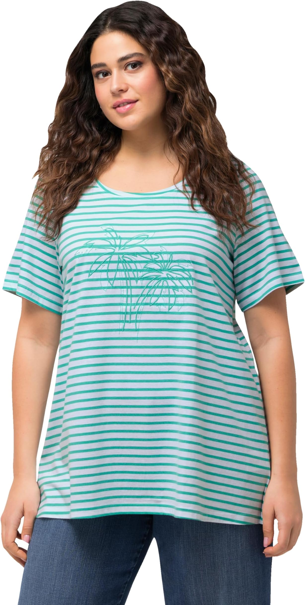 Ulla PopkenWomenswear Plus Size Curvy Palm Tree Embroidered Tee 829196