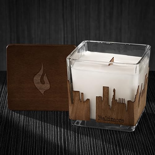 Baltimore City Skyline Wood Wrapped Candle Mahogany Scented Soy Based Square Candles With Wood Lid (3x3x3) Baltimore City Skyline Wood Wrapped Candle Mahogany Scented Soy Based Square Candles With Wood Lid (3x3x3)