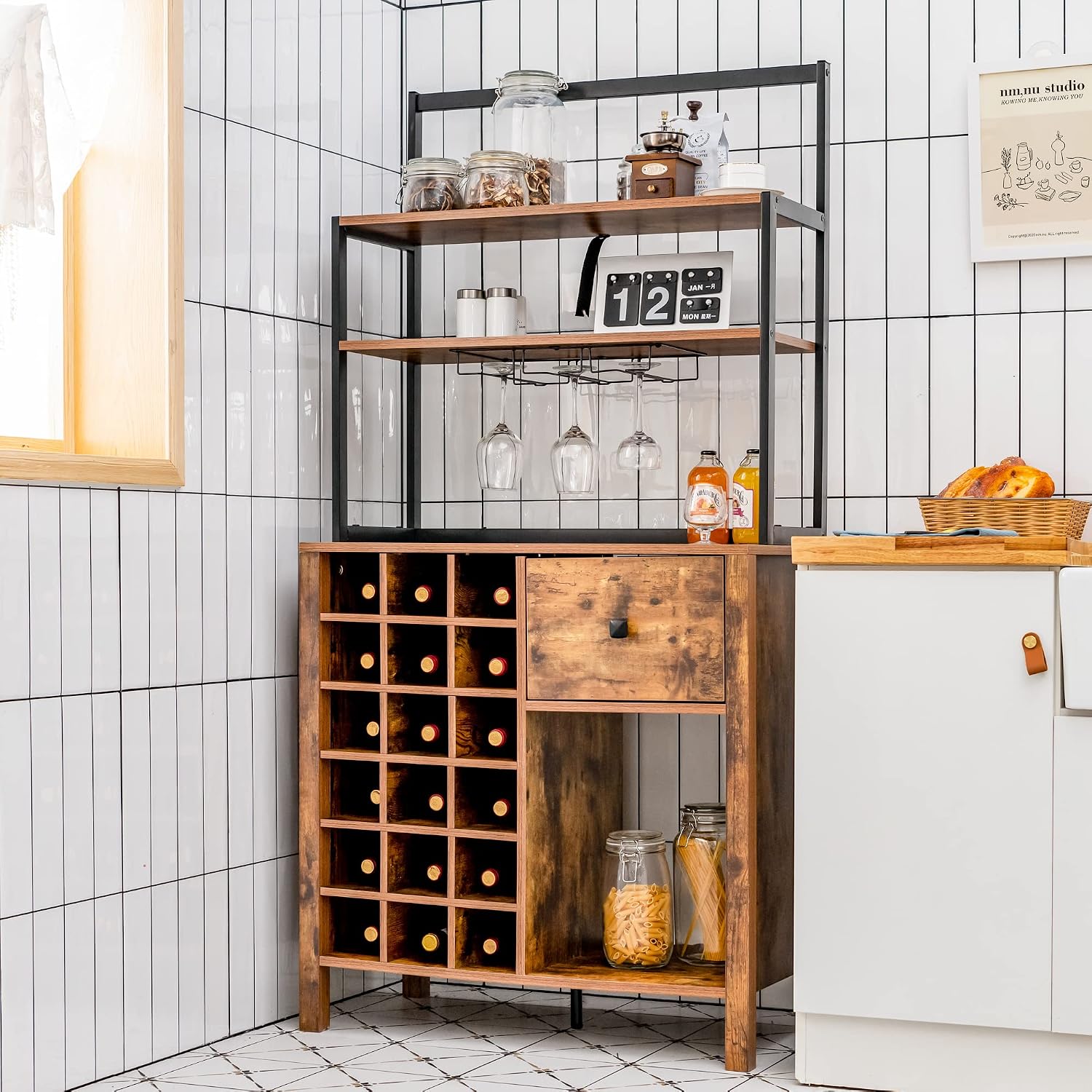 LOKO Rustic Brown Wine Bar Cabinet, 31 x 16 x 64 inches, Kitchen Cabinet with Wine Rack and Detachable Glass Holder