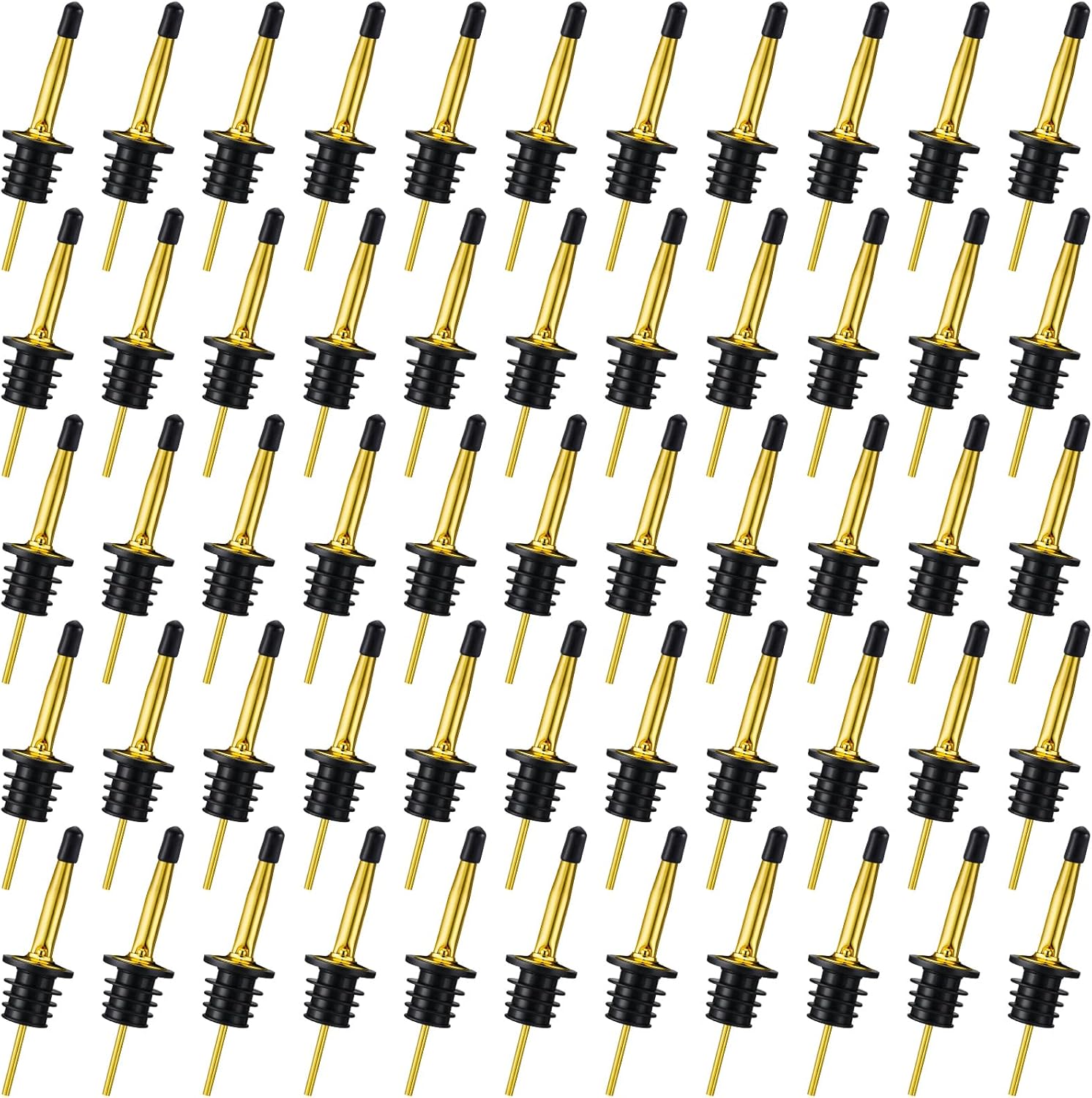 CHENGU 72 Pcs Stainless Steel Bottle Pourers Tapered Liquor Pourers with Rubber Dust Caps Tapered Spouts Set Bar Supplies Vinegar Bottle Dispenser Wine Liquor Spout for Oil Beer Drink Water (Gold)