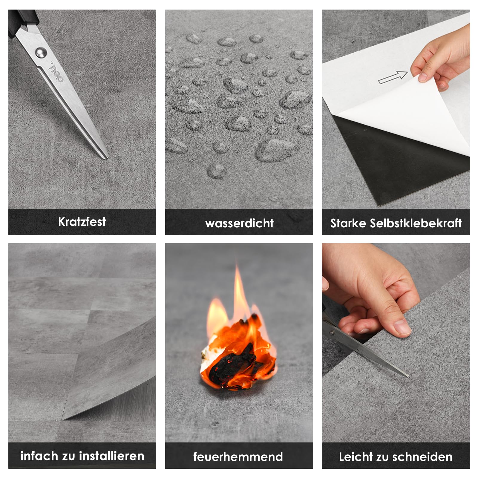 Mulgreat - PVC Bodenbelag Galena - Selbstklebende Vinyl-Fliesen - Vinylboden - Betoneffekt - Grau- 60,96 cm x 30,48 cm x 1,5 mm - Dicke 1,5 mm - 2.23m² / 12 Fliesen