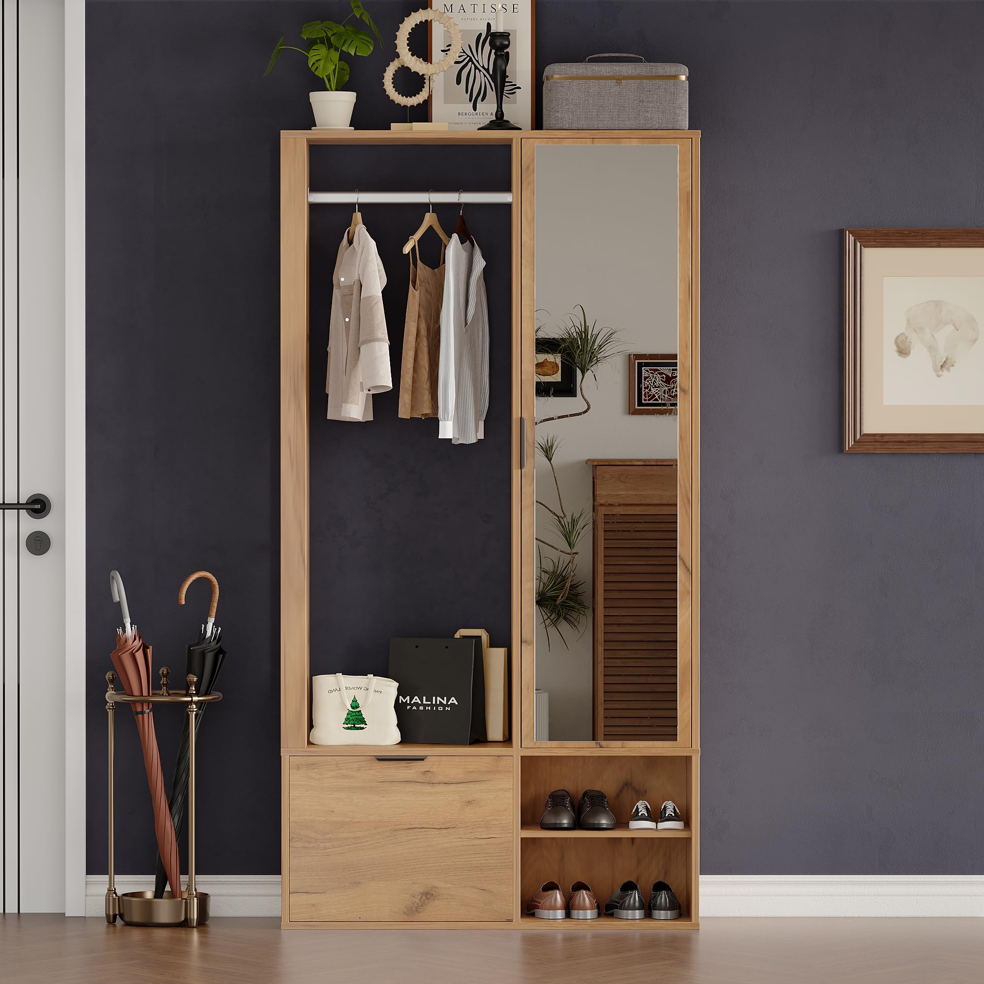 Meuble d'Entrée avec Banc,6-in-1,Porte-Manteaux,Miroir,Vestiaire,Tringle à Vêtements,2 Portes,3 Etagères de Rangement,2 EtagèRes Pour Chaussures Couloir