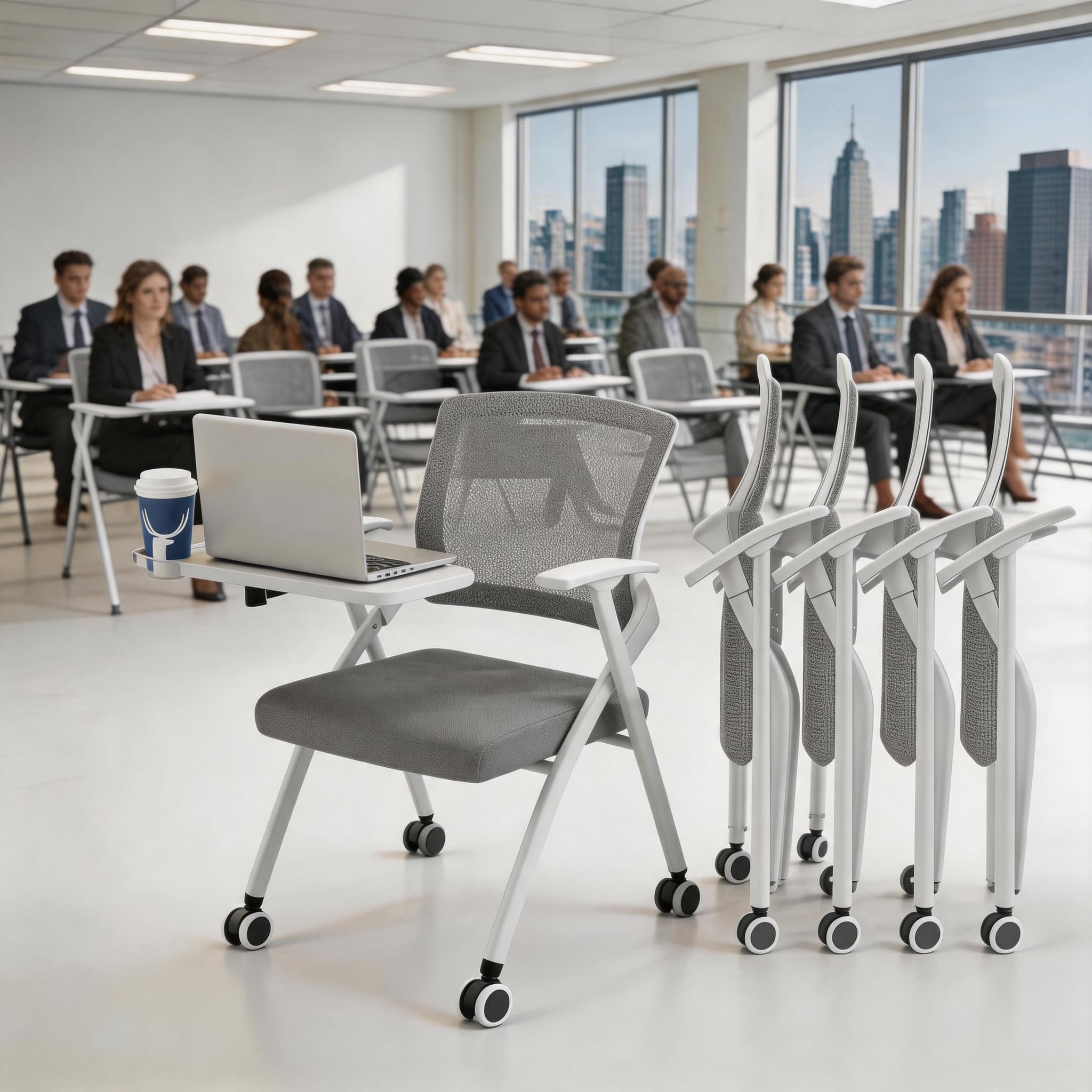 8 Pcs Folding Training Chairs with Desk Attached, Office Meeting Chair with Writing Tablet &amp; Cup Holder, Space-Saving Nesting Stackable Chairs with wheel for Conference Room,Seminar, Classroom Chair