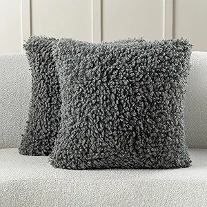 FUTEI Dark Grey Decorative Throw Pillow Covers 24x24 Inch Set of 2,Soft Fluffy Faux Wool Fur Boucle Textured European Cushion Case,Modern Home Decor for Couch Bed Living Room Office