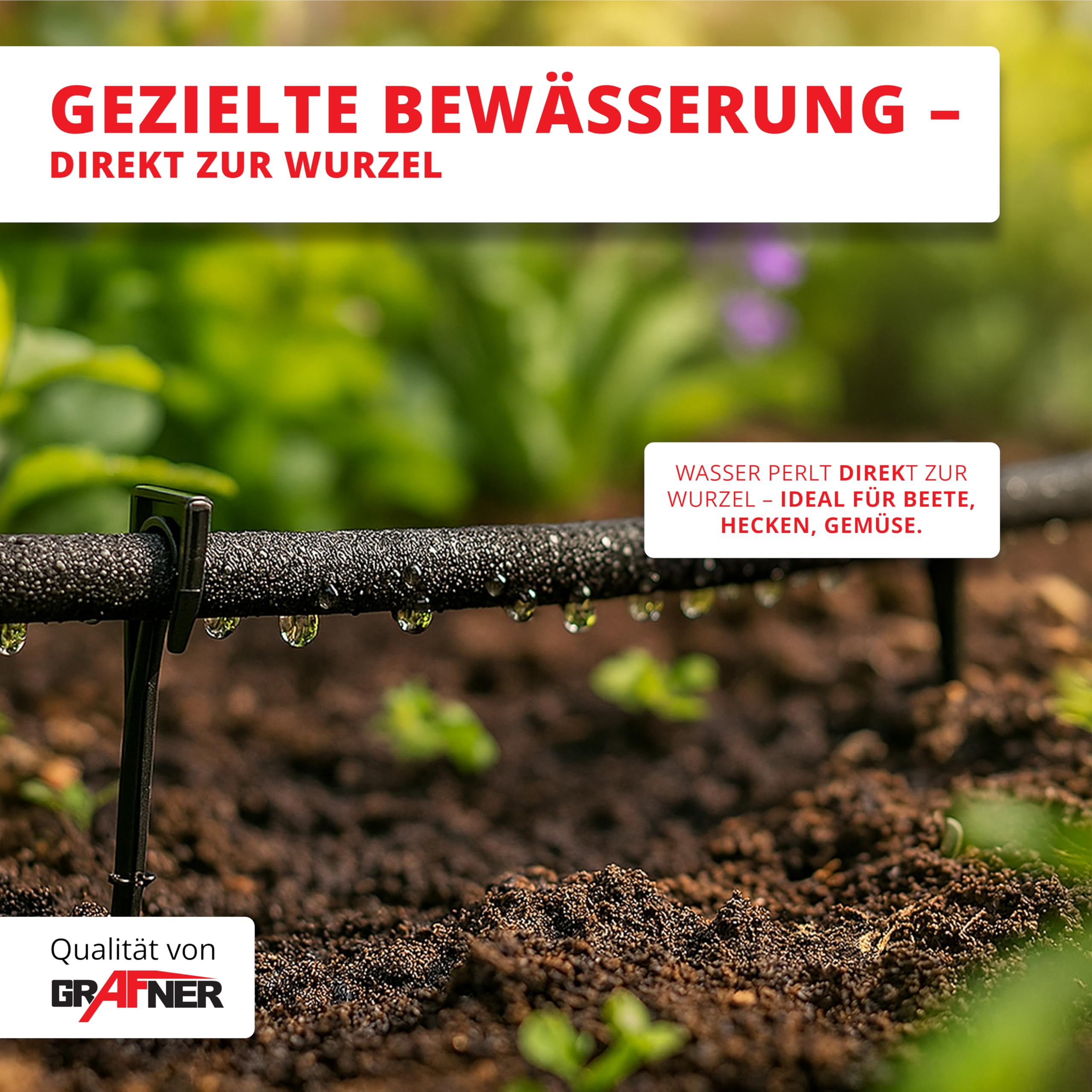 Grafner 50 Meter Perlschlauch Starter-Set, 38 teilig mit Erdanker, Eckverbinder, T-Verbinder, Endstopfen und Klickanschlüssen, wassersparend Bewässerungsschlauch Tropfschlauch