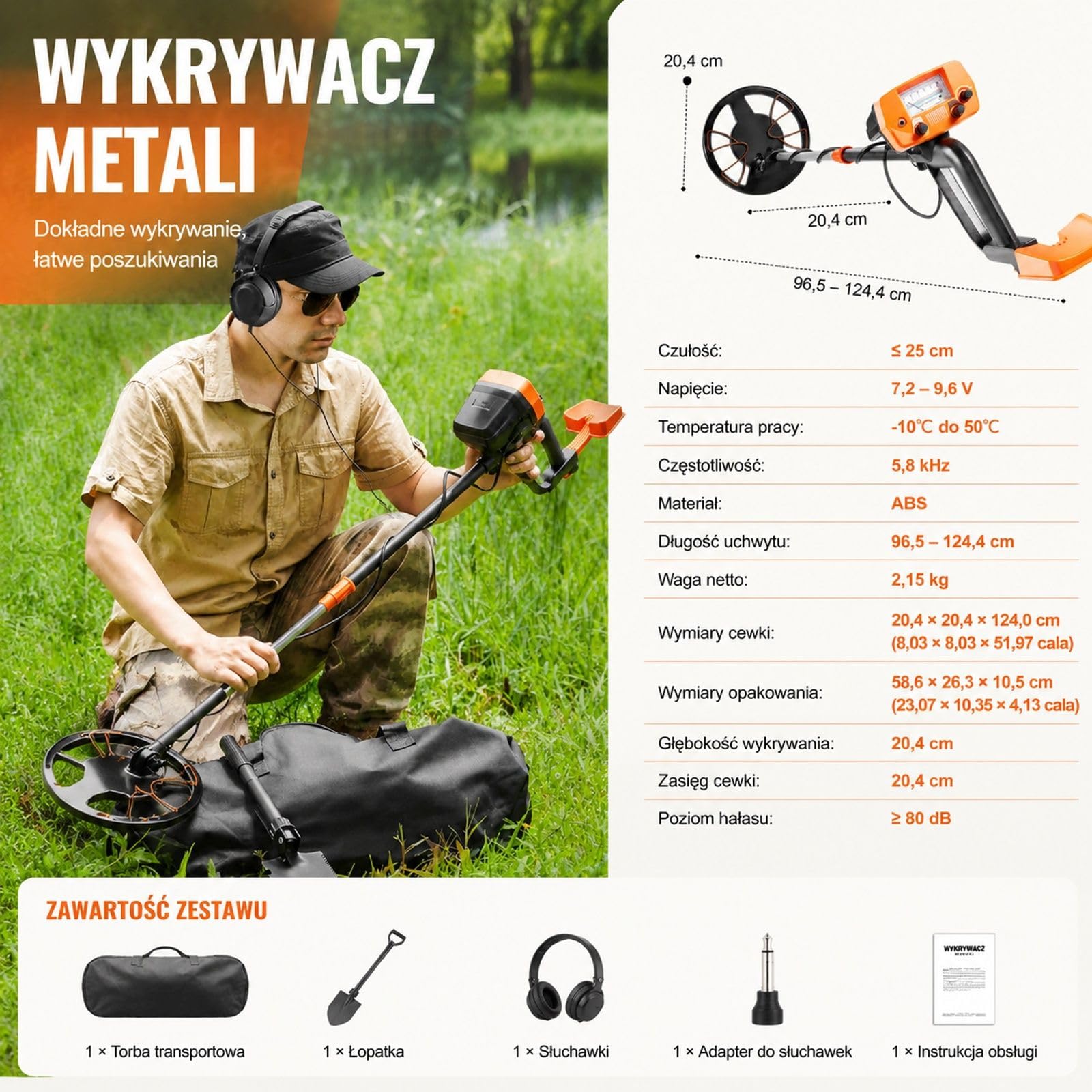Zestaw wykrywacza metali, wskaźnik z wyświetlaczem, regulowany trzon, łopata, torba