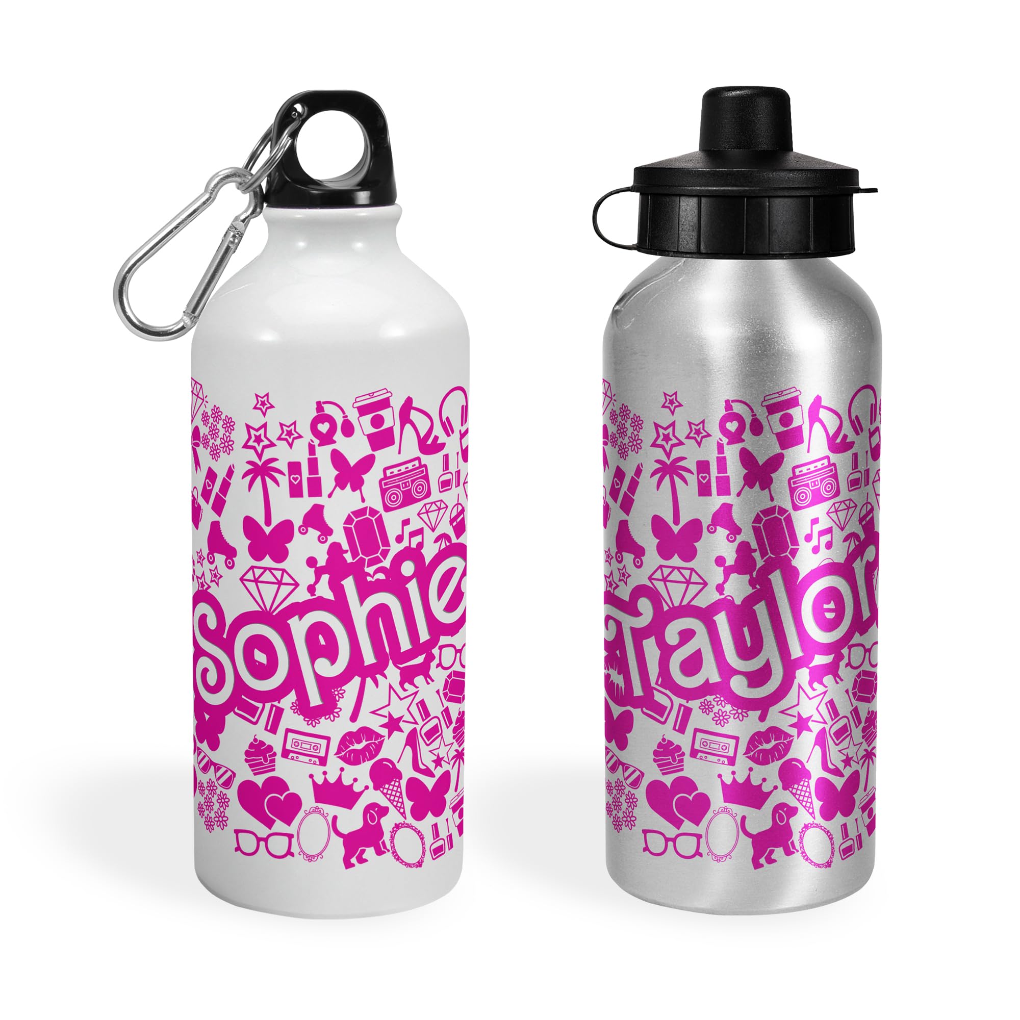 Print Maniacs Personalised Pink Doll Water Bottle Sport Cap 400ml or 600ml for Girls and Women Lets go Party Chelsea Merchandise Princess Dream Collection Theme Bride Lip Stick Birthday Diamonds