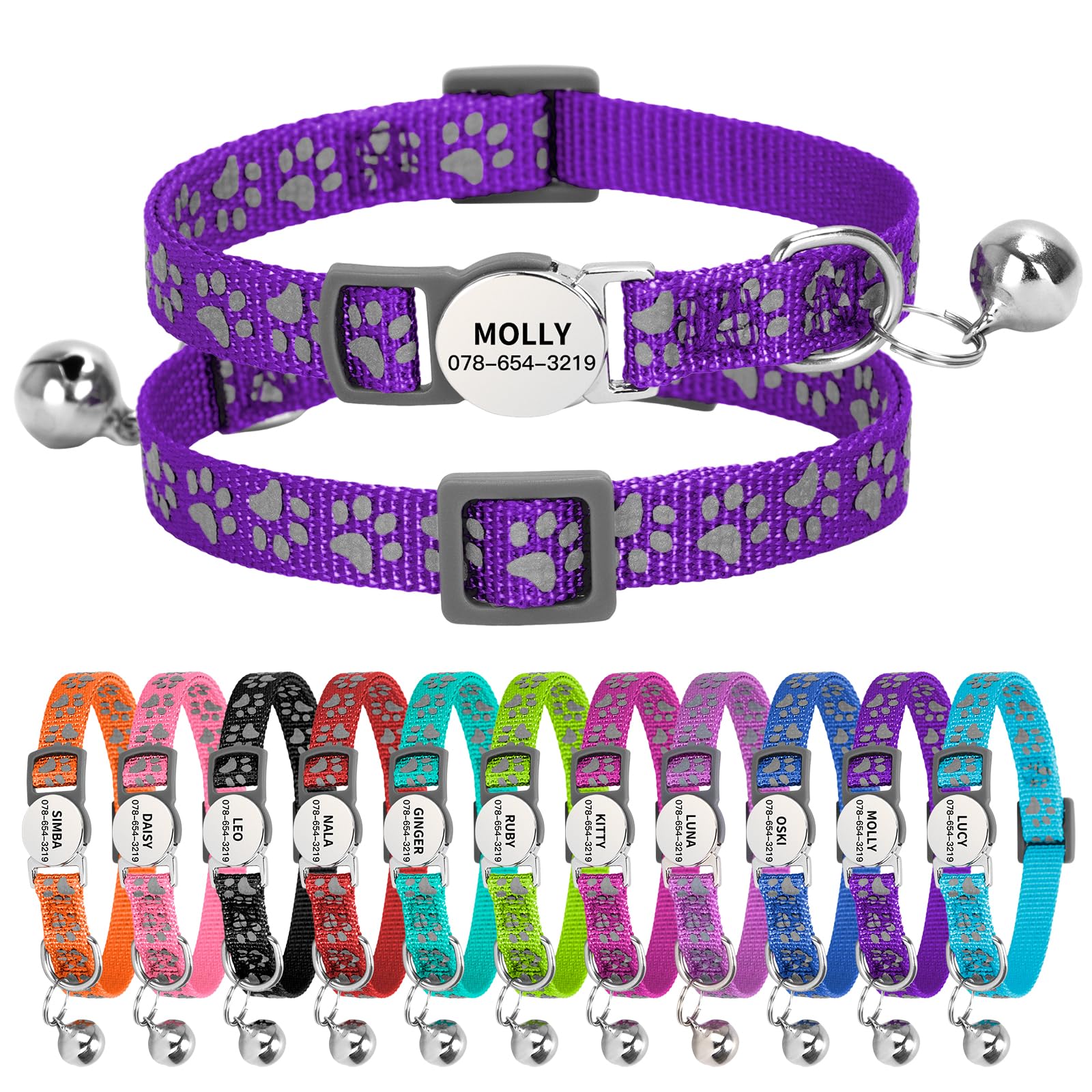Personalised Reflective Cat Collar with Name Tag,Quick Release Kitten Collars with Bell Safety Buckle, Adjustable Nylon Cat Collar for Cats Kittens UK Prime (19–30 cm, Dark Purple Paw) — image 1